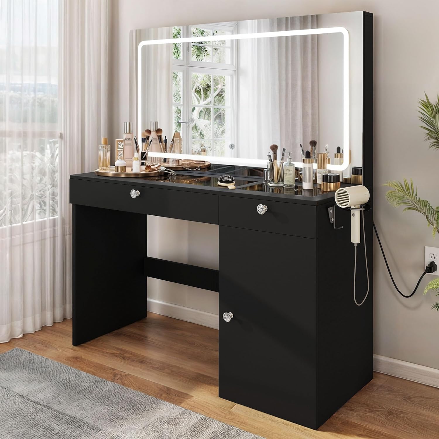 DWVO Vanity Desk with Large LED Mirror, Power Outlet, Large 47 Inches Vanity Table with 3 Lighting Modes, 4 Drawers, for Bedroom