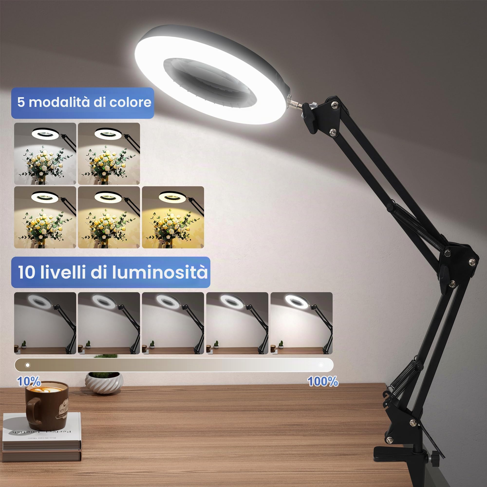 RealPlus 10X Lente Ingrandimento con Luce [Con Base e Clip], Lampada con Lente di Ingrandimento, Braccio Telescopico, 5 Colore, 10 Luminosità, Ideale per Lavori di Precisione, Riparazione, Lettura