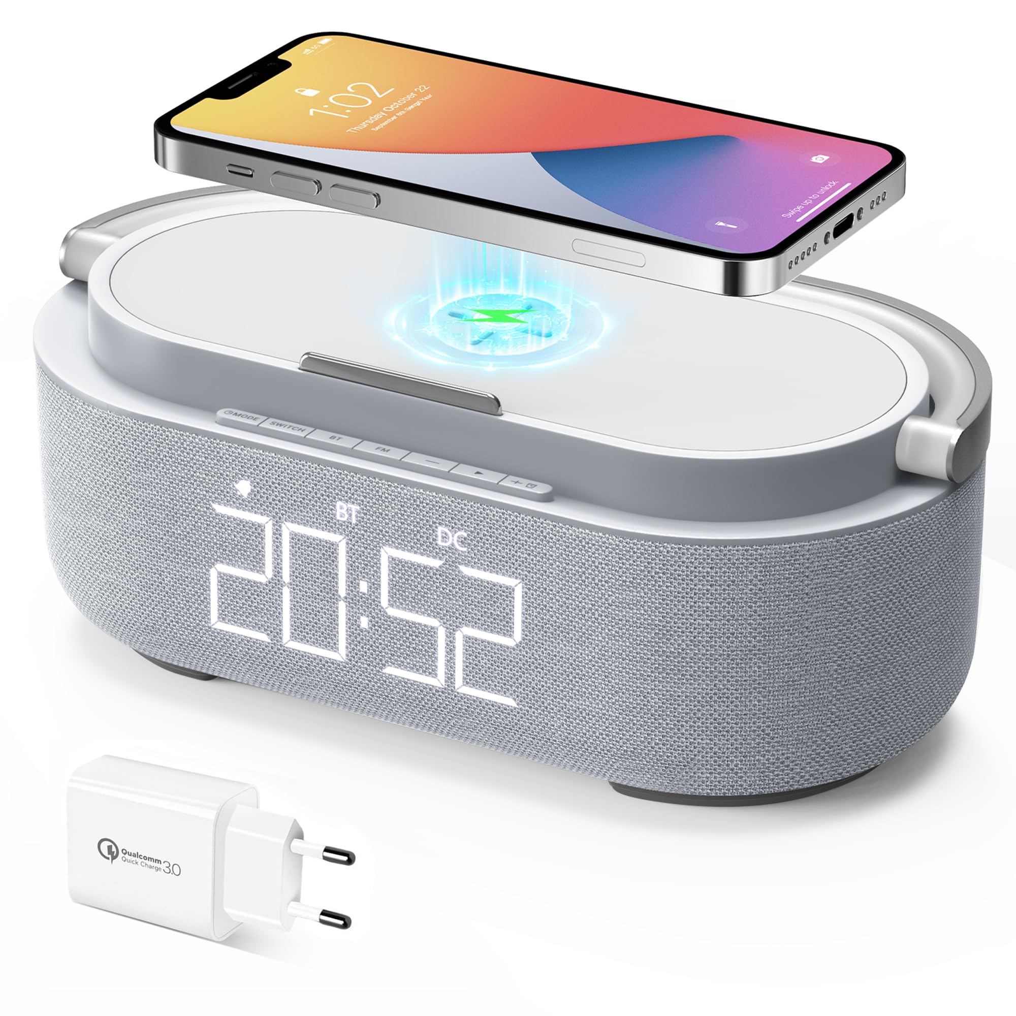 COLSUR Radio Despertador Digital con Carga Inalambrica, FM Radio con Puerto de carca USB, Pantalla LED Ajustable, Luz Nocturna, Bluetooth