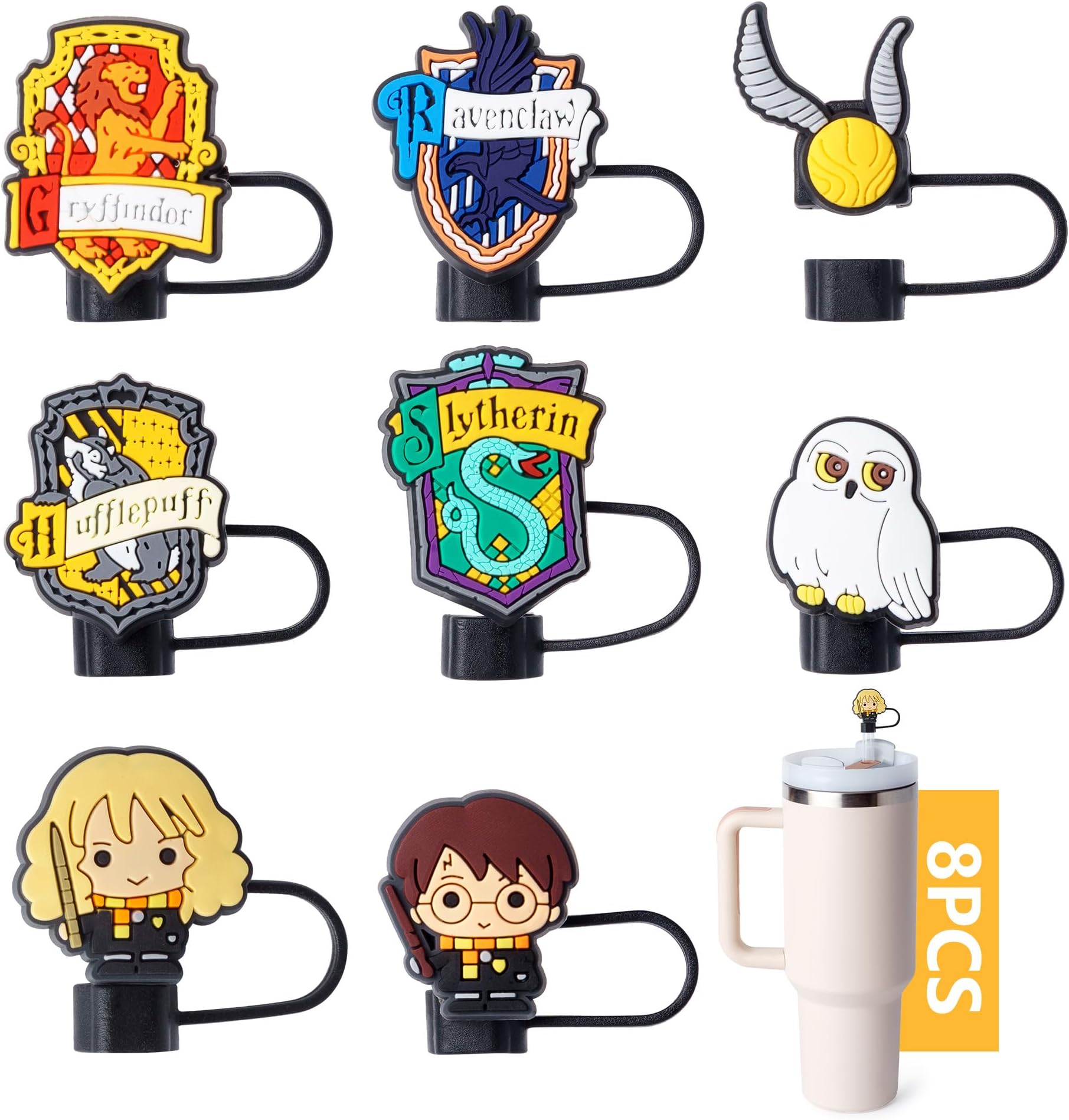 8-Piece Harry Straw Covers for Stanley Cup, 0.4in/10mm Diameter Straw Toppers Cap,Compatible with Stanley 20 30&40 0z Cup, Dust-Proof Straw Caps for Water Bottle…, standardized, Black