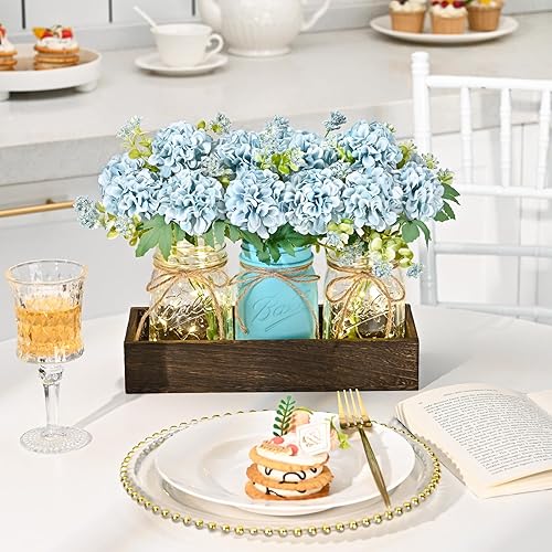 Miniatura 4 de Decoración de mesa de centro de mesa, 3 piezas de flores artificiales de hortensias en frascos Mason con bandeja de madera para mesa de comedor,