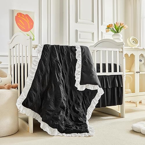 Juego de ropa de cama para cuna con volantes, edredón acolchado boho para bebé con sábana ajustable y falda de cama - Ropa de cama con volantes de