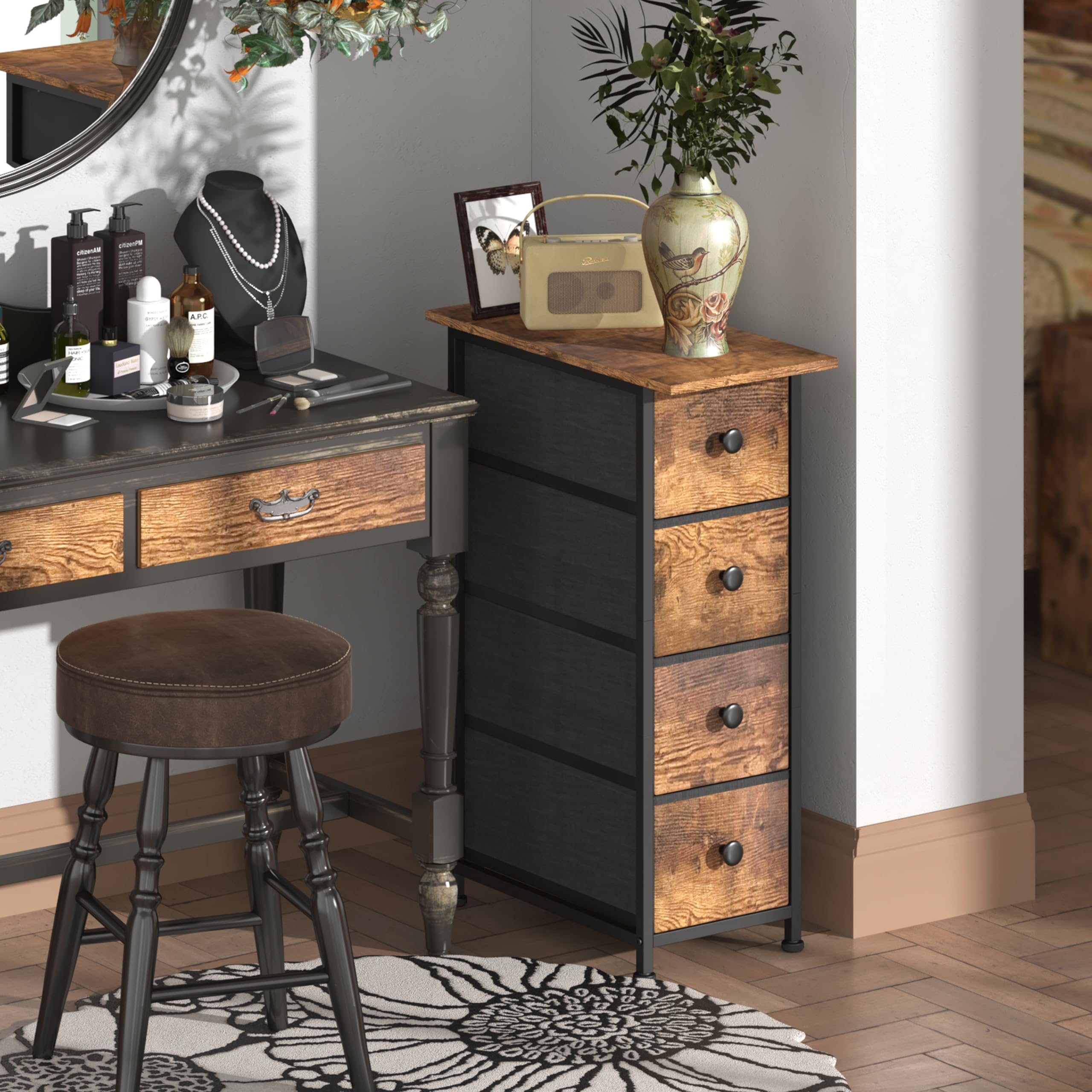 4 Drawer Narrow Dresser Fabric Storage Tower Vertical Slim Chest Organizer Black)