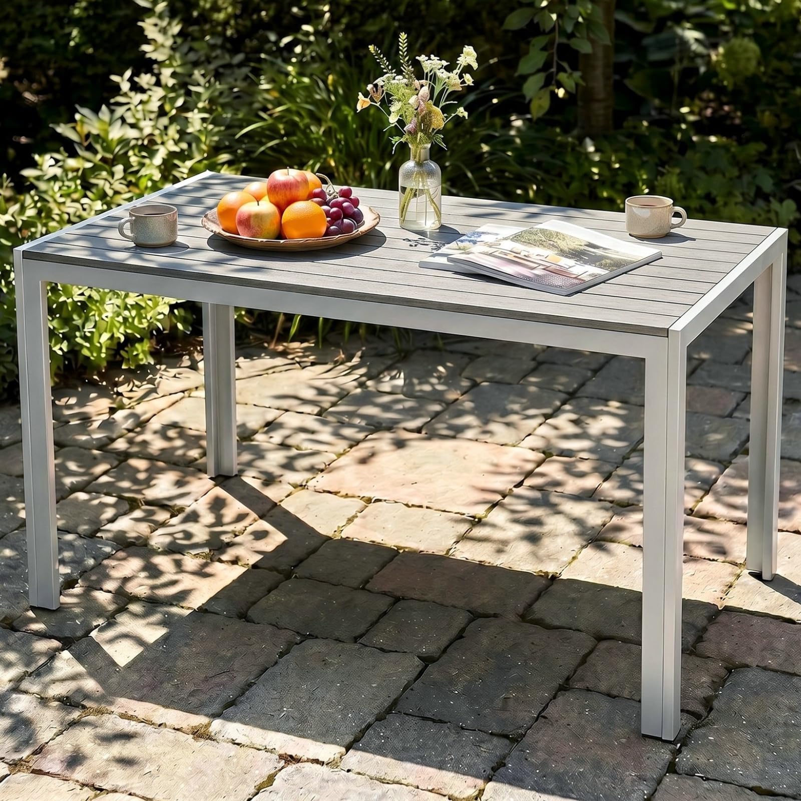 Table de balcon en aluminium gris LIFERUN 110 cm au plateau composite effet bois élégant