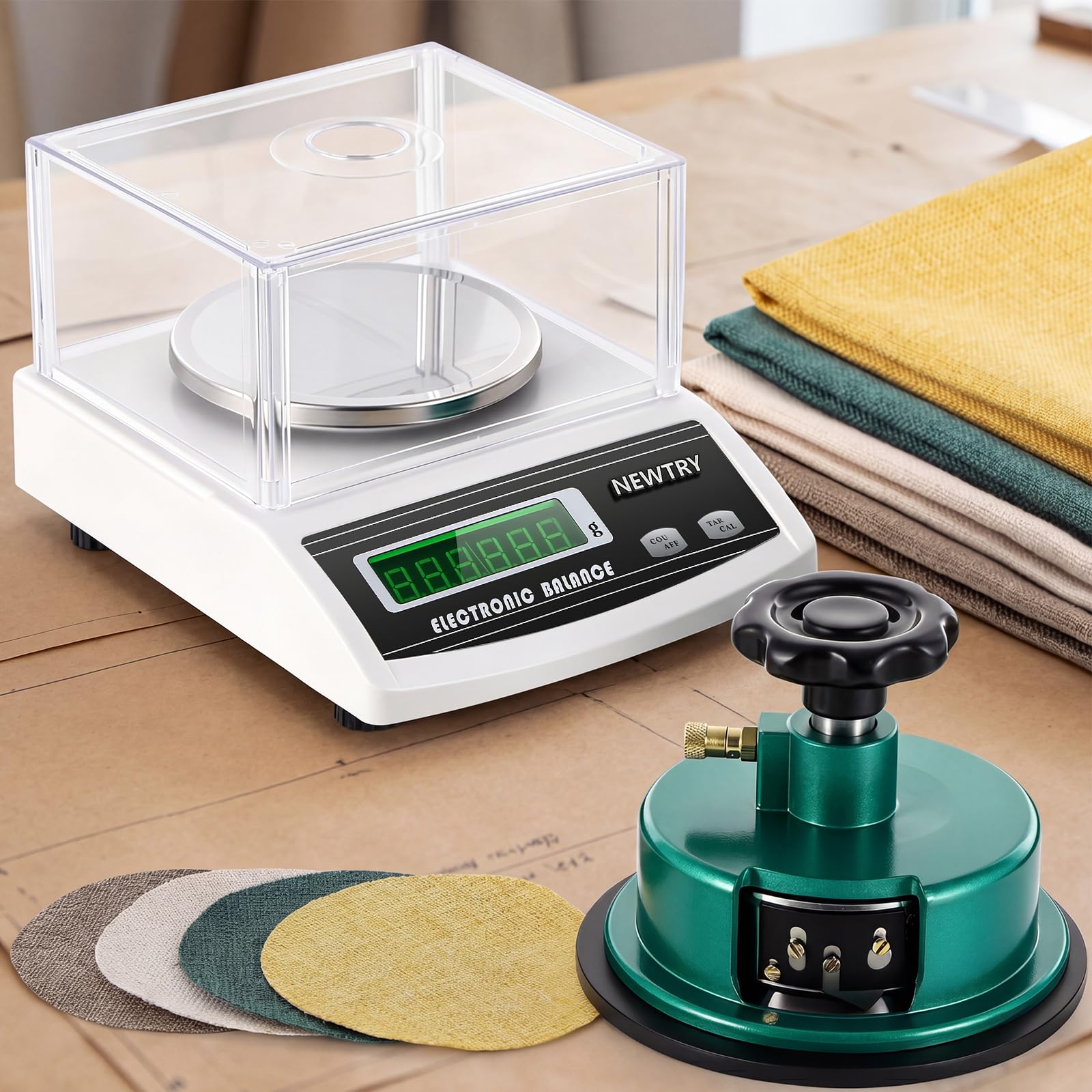 NEWTRY - Balanza Analítica Digital, 1000g/0.01g, GSM Balanza Electrónica de Precisión de Sobremesa, con Disco Ajustable de Muestreo y Cortador de Paño 100cm2 de 0-2mm, para Textil, Telas, Papel