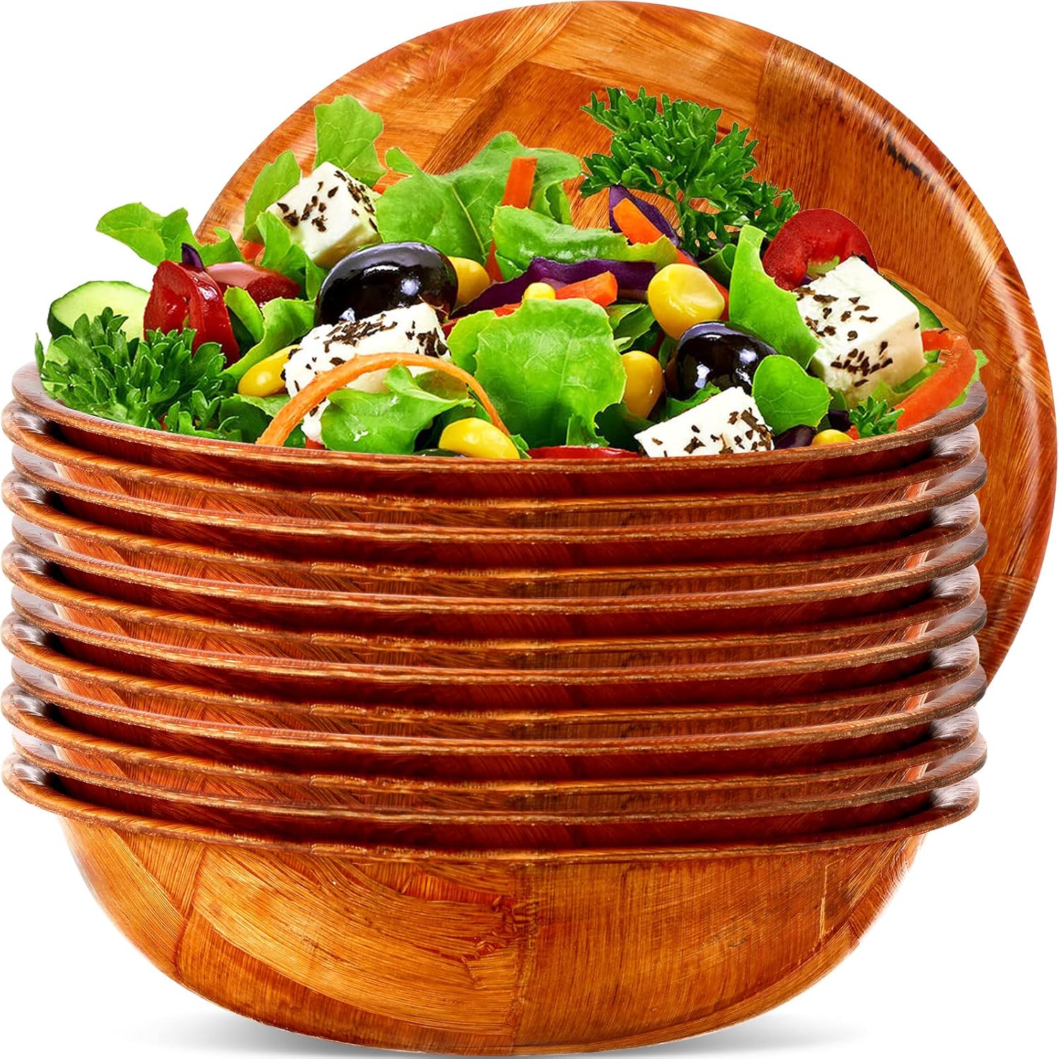 Didaey 12 Pcs Wooden Salad Bowl Set, 6 Inch Round Wood Serving Bowls, 6" Diameter x 1.5" Height, Wooden Woven Salad Bowls for Fruits, Vegetables, Snacks, Kitchen & Dining