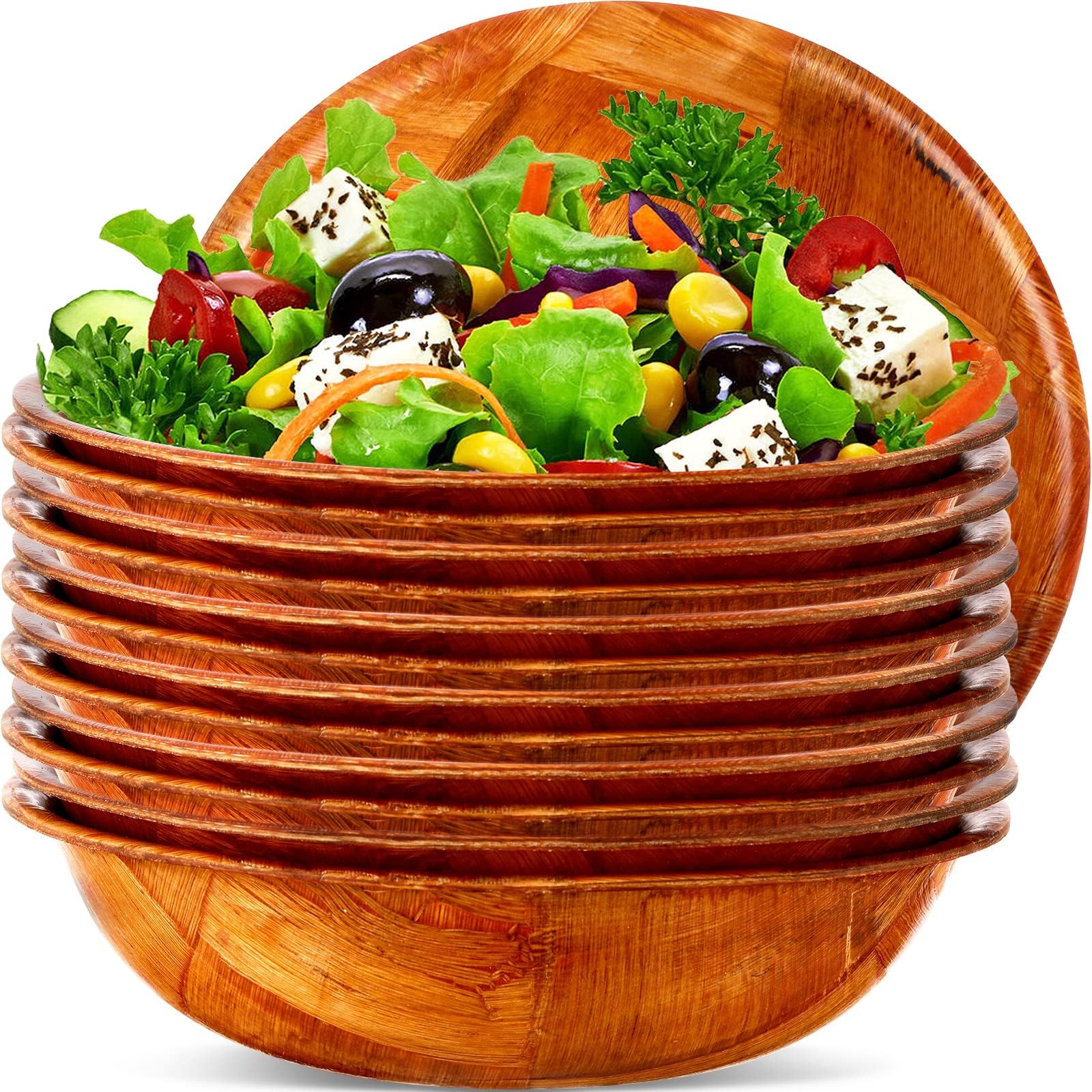 12 Pcs Wooden Salad Bowl Set for Lunch Stackable Wooden Woven Bowl Round Serving Dishes for Kitchen Fruit Vegetable Salad Snack (6 Inch)