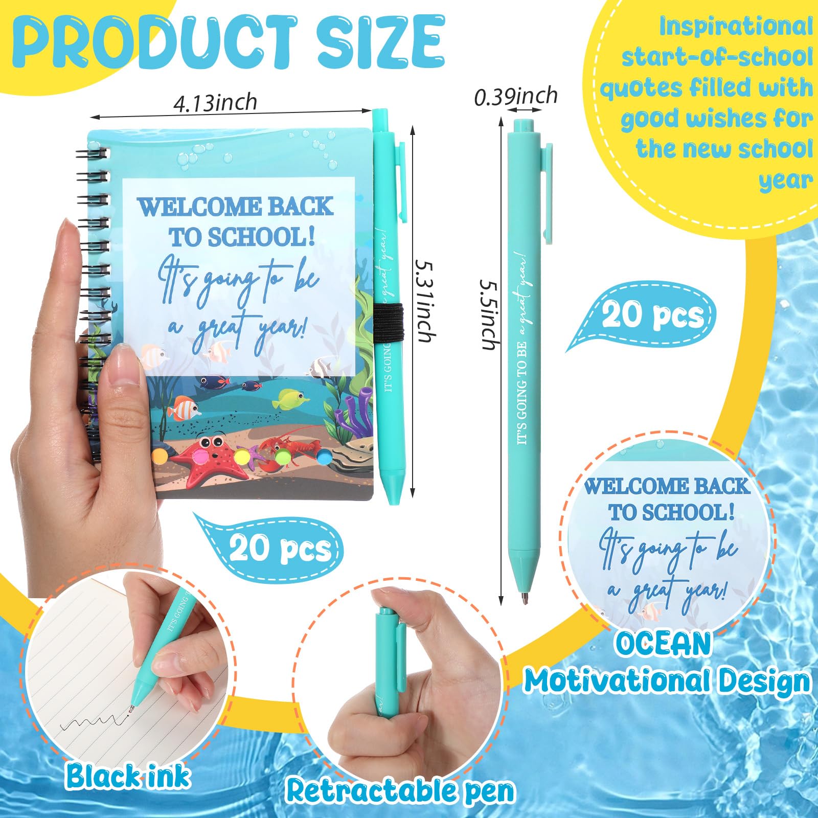 Dunzoom 40 quaderni con scritta "Welcome Back to School", 20 quaderni per il primo giorno di scuola, con linguette adesive, set di 20 penne ispiratrici per insegnanti e studenti (oceano, blu)