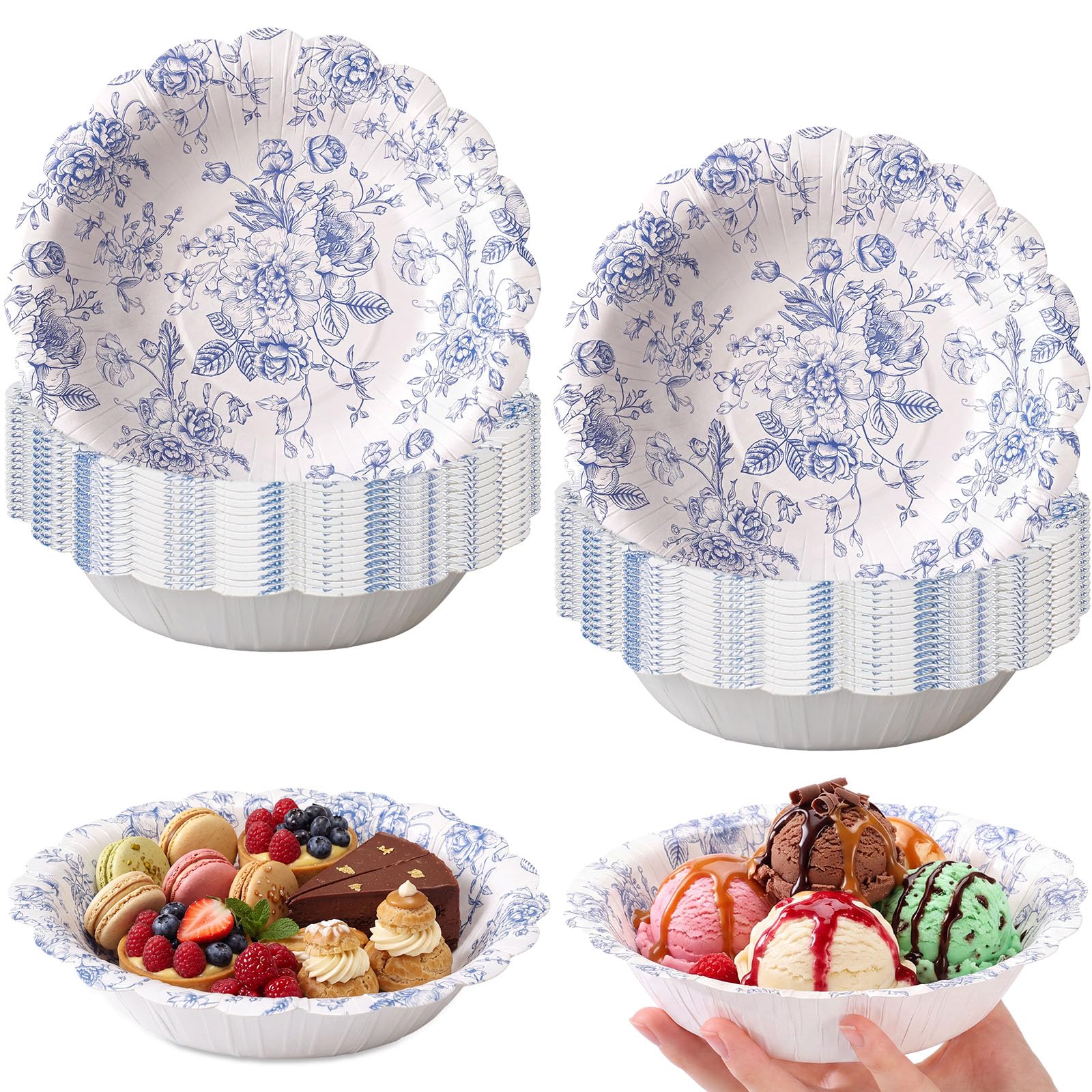 Sawysine 50 Pcs Blue Floral Paper Bowls 16 Oz, Vintage Chinoiserie Flower