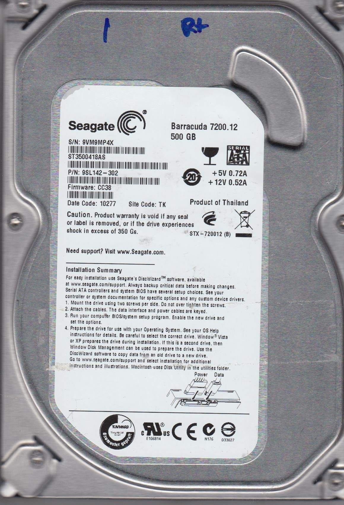 Seagate シーゲート ST3500412AS（3.5 HDD 500GB） Amazon.com: Seagate ST3500418AS 500GB Hard Drive : Electronics 内蔵型ハードディスクドライブ