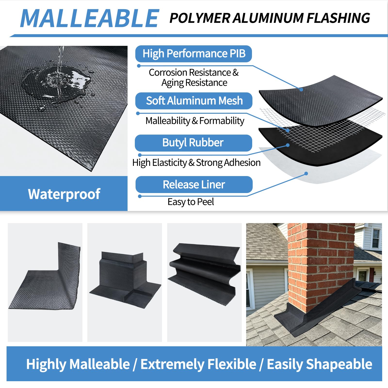 BXI Rotolo flessibile in alluminio polimerico lampeggiante, 2,5 mm, foglio di metallo malleabile impermeabile, materiale autoadesivo lampeggiante, non tossico, striscia di riparazione per camino del