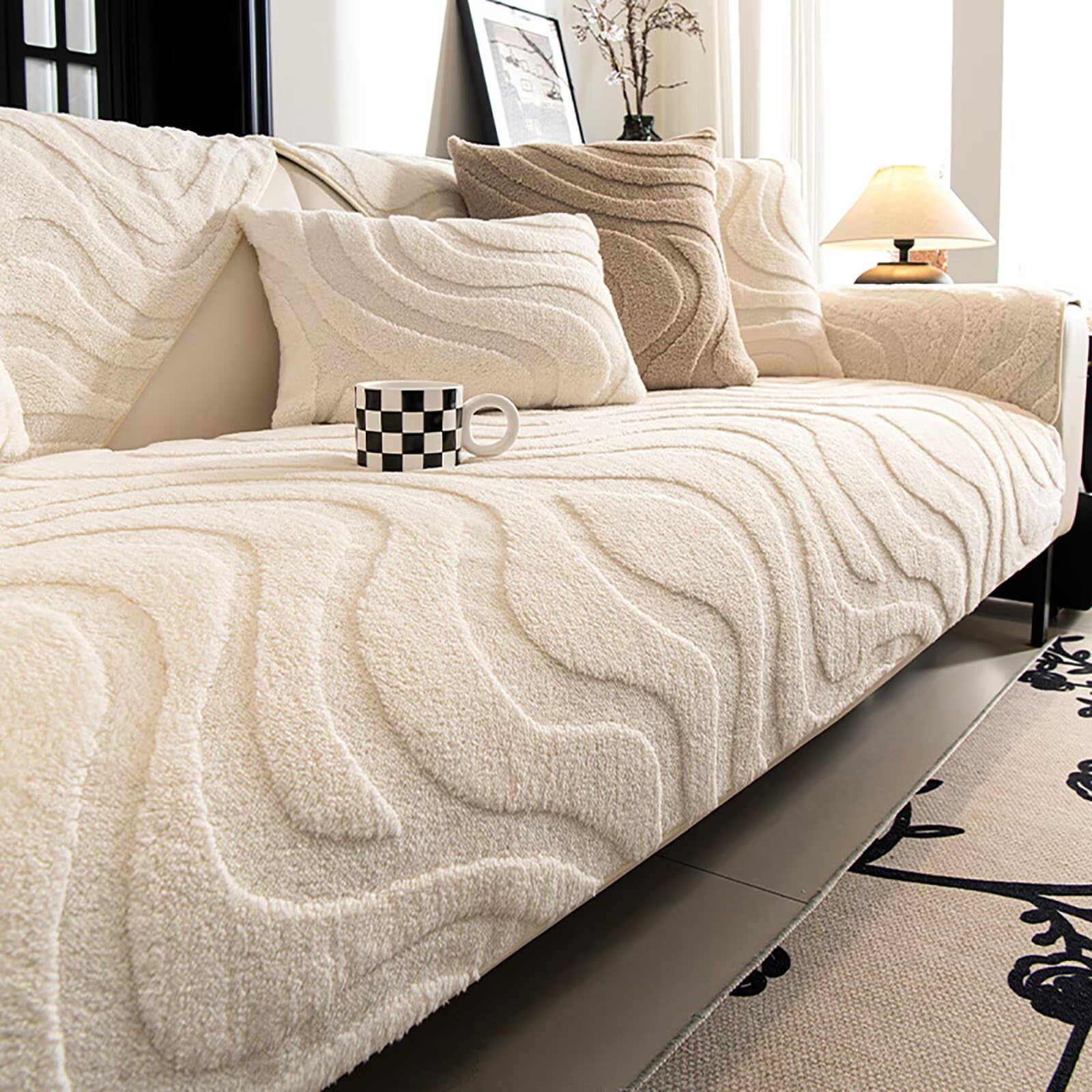 GuihcdknfuS Sofa Covers Washable, Plush Stripe Couch Cover for Sofas, Non Slip Couch Cover, Settee Covers L Shape, Sofa Slipcover for Pet Dog Furniture Protect, White, 70 * 210cm