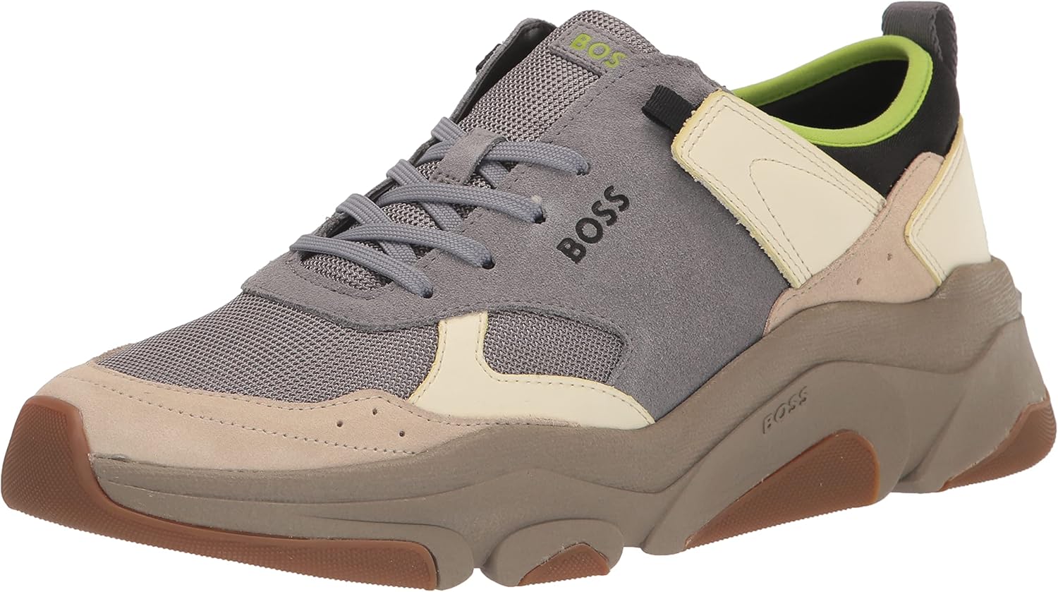 BOSS Men's Running Style Suede Color Block Sneakers, Stone Grey/Sand Dune/Marble Beige/Electric Green, 7