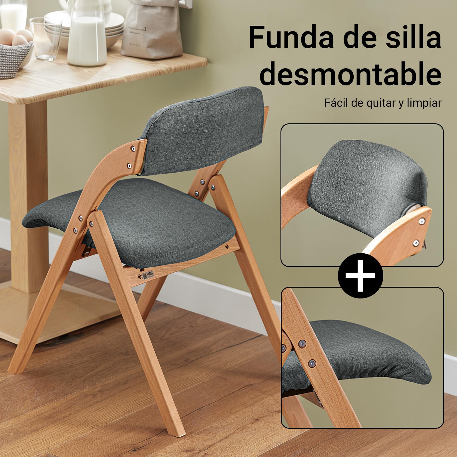 SoBuy Silla Plegable de Madera Acolchada, montada, 47,5x77x59cm, Cocina | Silla Plegable Interior ergonómica, compacta, funda extraíble/lavable, carga de 120 kg, comedor/balcón/oficina, FST92-SG