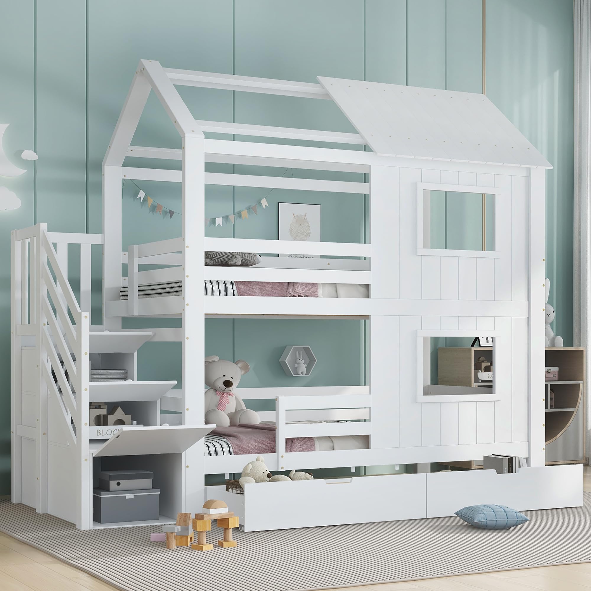 Letto a castello, lettino per bambini, armadio con ripiani, cassetto contenitore con rotelle, belle finestre e tetto, robuste reti a doghe, pino + MDF + compensato, bianco, 90x200 cm