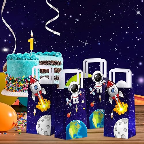 Miniatura 4 de Sabary Paquete de 16 bolsas de regalo con asas con temática de astronauta, bolsas de regalo para fiestas con temática de astronauta, bolsas de