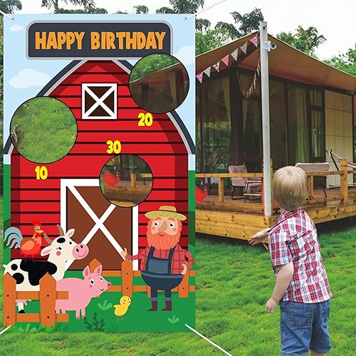 Granja roja granero animales de granero feliz cumpleaños juegos de lanzamiento banner telón de fondo vaca, cerdo, pollo, decoración temática de