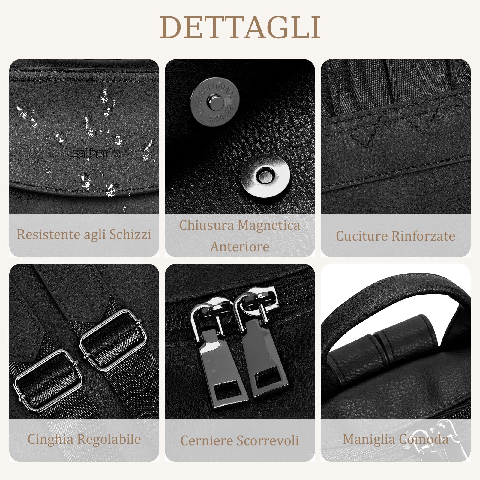 Leathario Zaino da Donna in Pelle Vegana Impermeabile e Antifurto, Zainetto Elegante per Laptop, per Ufficio, Università e Viaggi(Nero Assoluto)