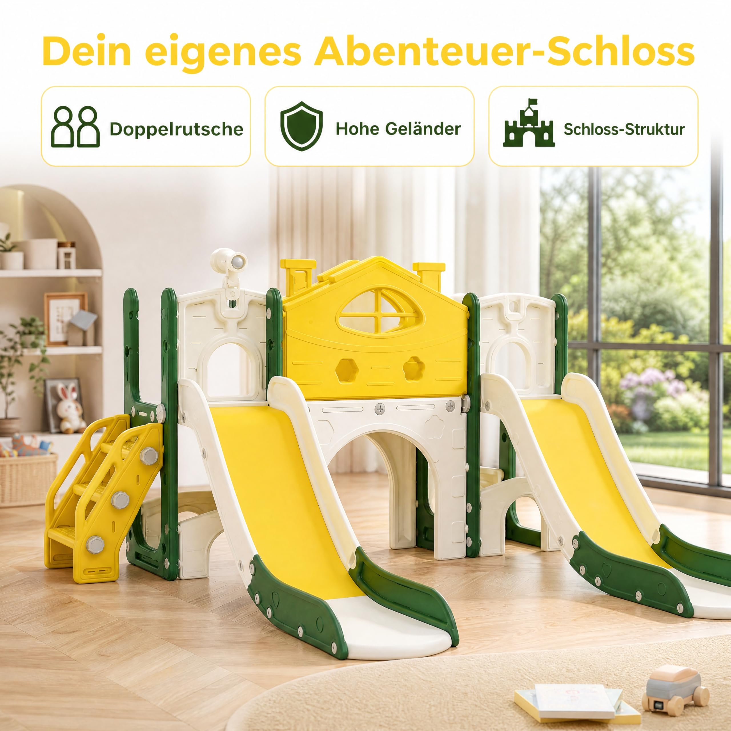 Rutsche für Kinder, 7 in 1, Rutsche für den Außen- und Innenbereich, Rutschenset für Kinder mit Treppe, Rutsche und Tunnel, für Kinder von 1 bis 6 Jahren, Doppelschiene, Gelb