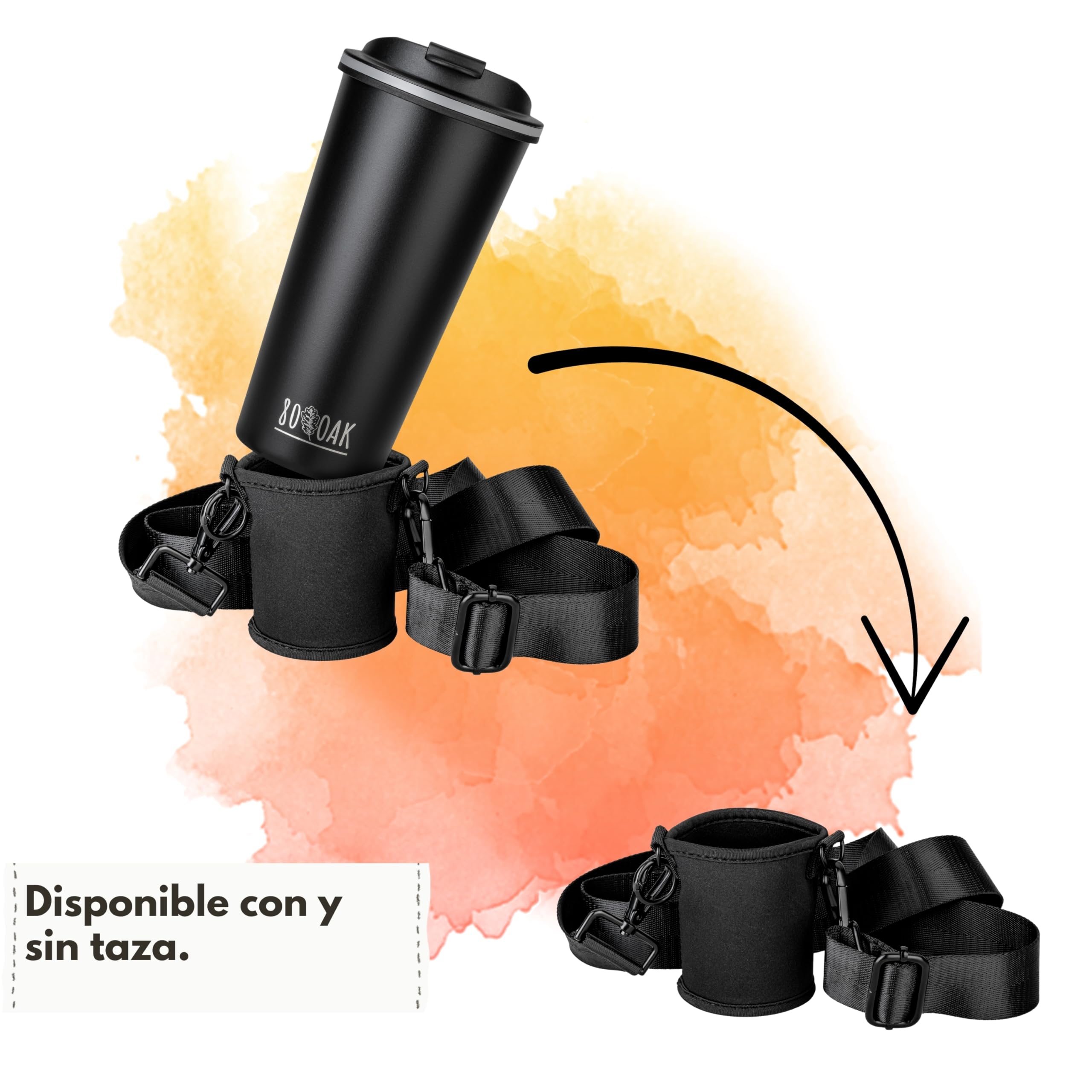 Juego de tazas de café y portavasos, soporte para vasos y taza térmica para colgar, soporte para bebidas de neopreno con correa ajustable para el hombro (negro, negro)