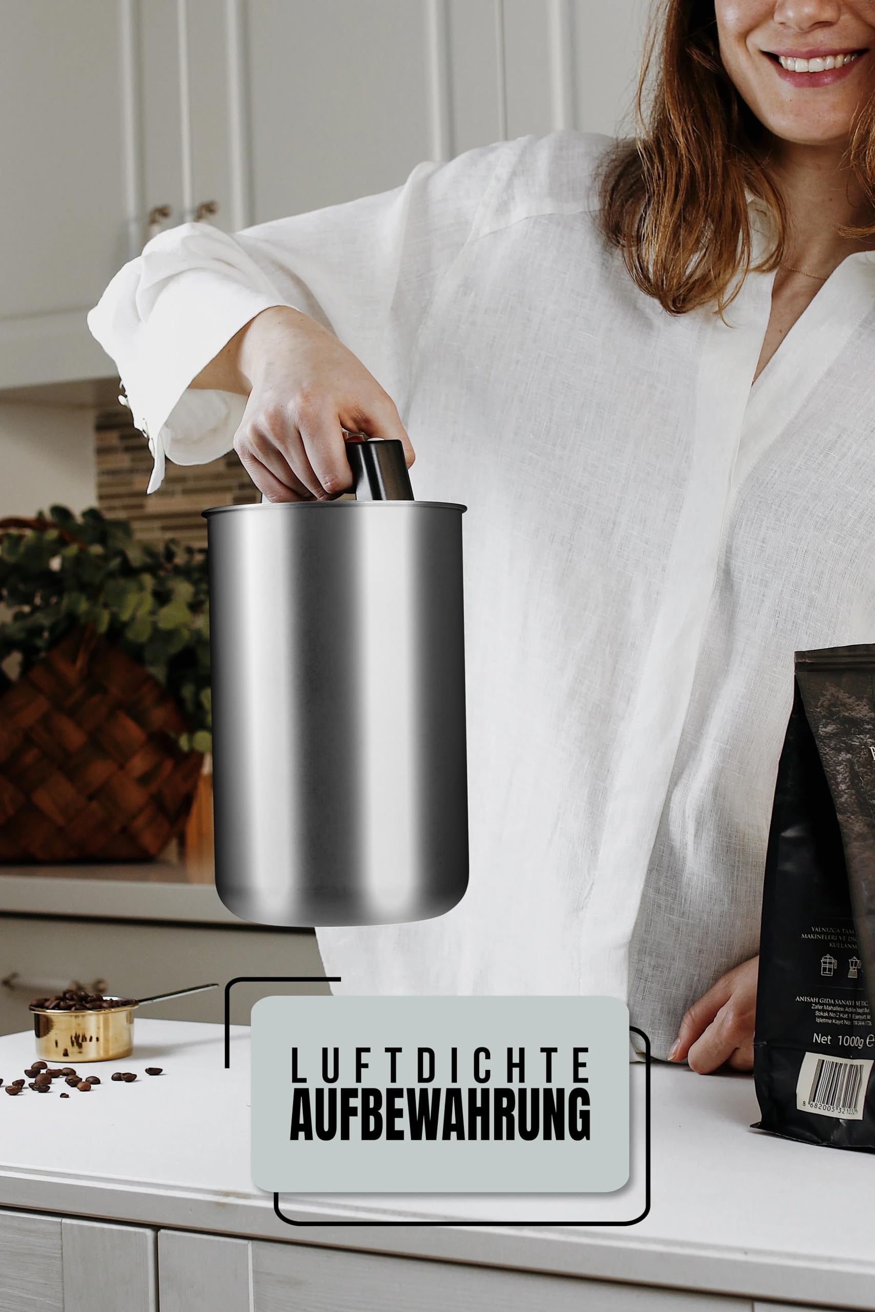 KC Kitchen & Co. Airtight 1kg Coffee Bean Jar, Stainless Steel Jar with Vacuum Lid and Aroma Cap - Image 2