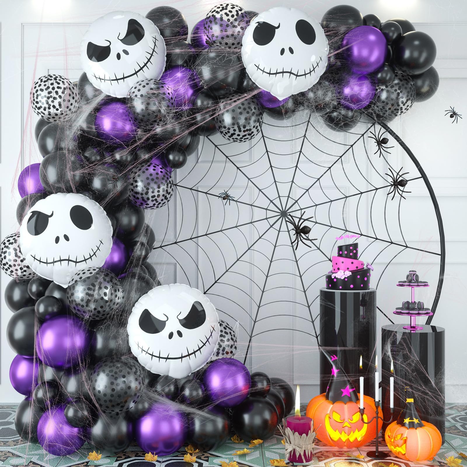 Halloween Party Decorations Balloon Arch Kit, 101pcs Metallic Purple and Matte Black Confetti Latex Balloons Garland Kit with Big Skull Foil Balloons for Kids Trick or Treat Halloween Party Supplies