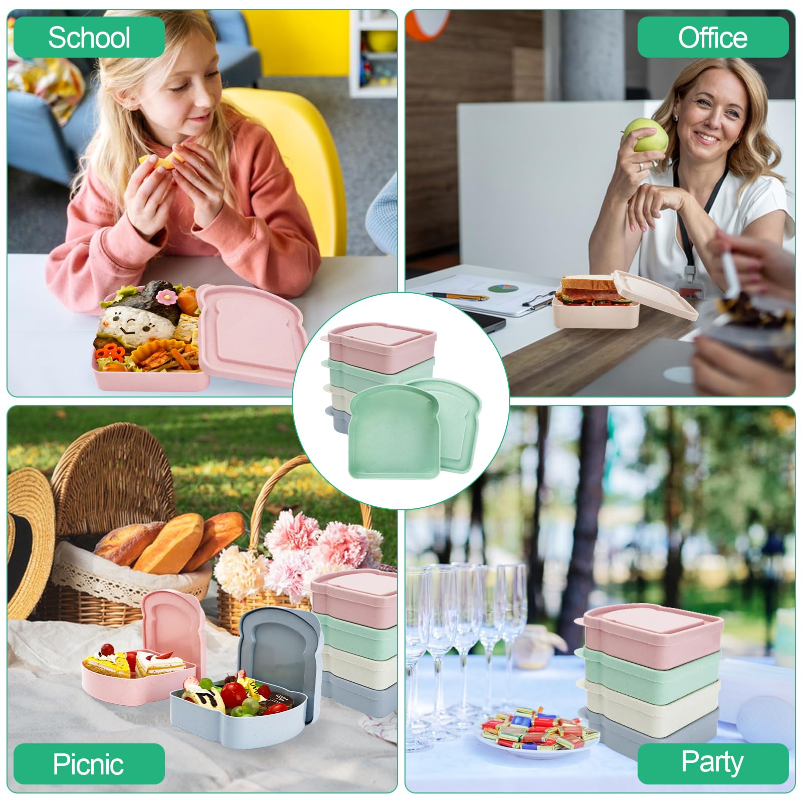 4 pudełka na kanapki wielokrotnego użytku z pokrywką | Pudełko na kanapki wielokrotnego użytku, forma do tostów, szczelne na piknik, do szkoły, biura, przygotowywania posiłków