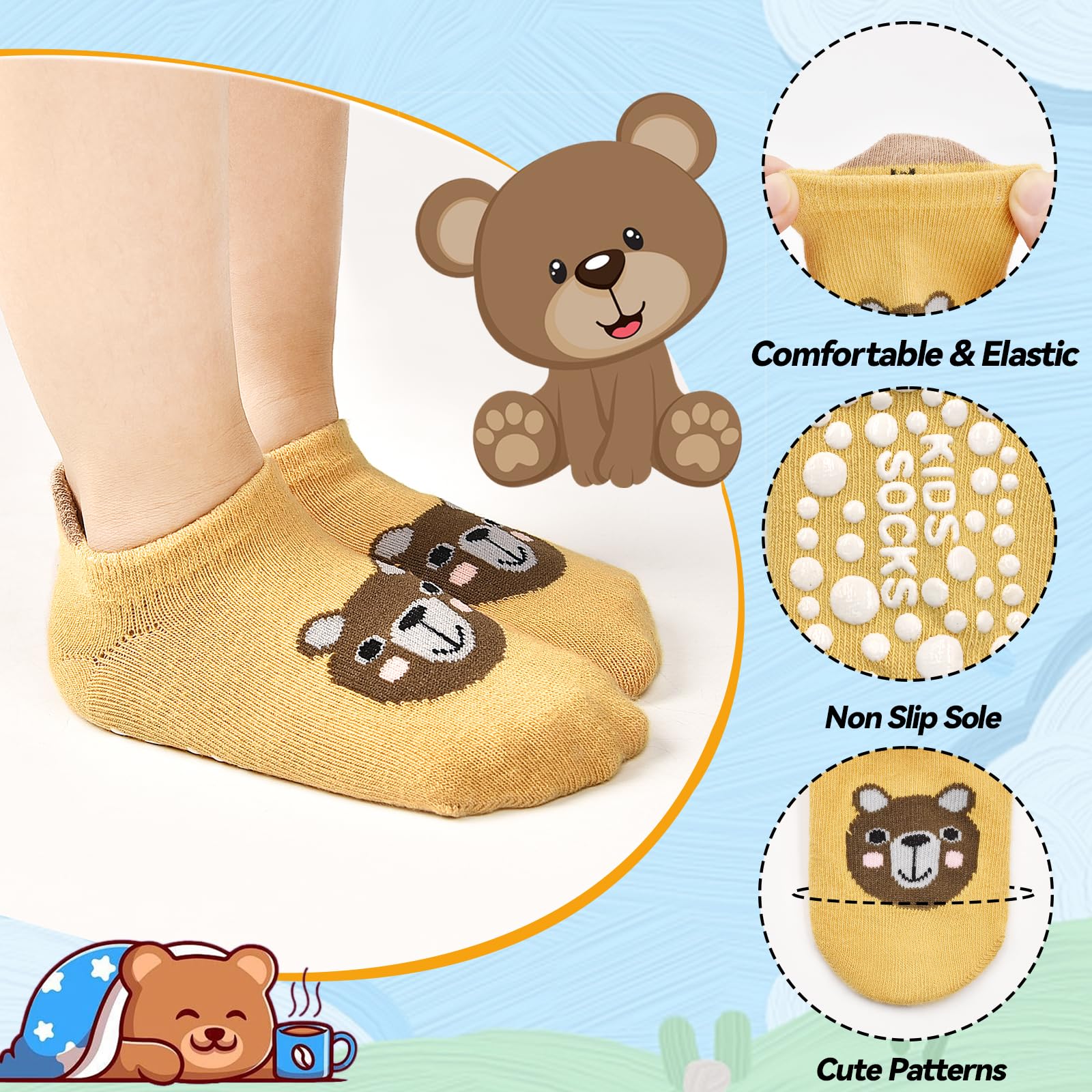 ELUTONG Calzini antiscivolo per bambini, 6 paia di calzini alla caviglia per bambini con impugnatura, simpatici cartoni animati, calzini antiscivolo per bambini da 0 a 5 anni