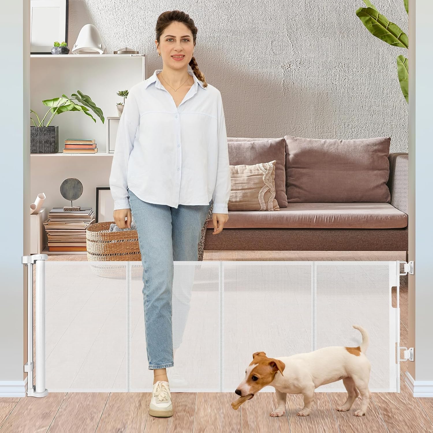 24 Inches Tall Retractable Dog Gate for The House, Short Baby Gates to Step Over, Extends up to 55" Wide, Reinforced Mesh Puppy Gate for Doorways, Step Over Pet Gate for Stairs, Indoor/Outdoor (White) White Reinforced 24" Tall x 55" Wide