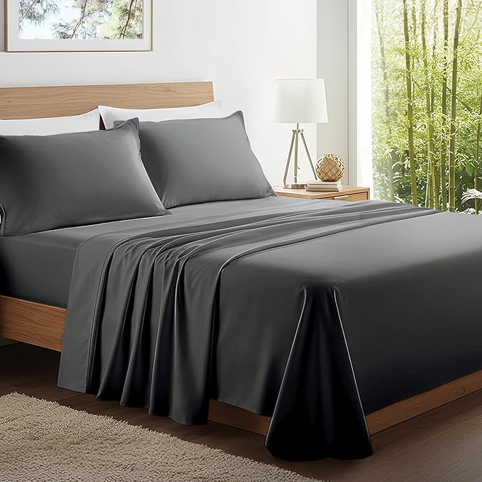 Kickoff Viscose Bamboo Sheets Full Size 4-pc 100% Organic Bamboo Viscose Bed Cooling Sheets Full Size Set Cool Bedding for hot Sleepers Sheet, Flat, Fitted, Pillowcases (Pewter, F)
