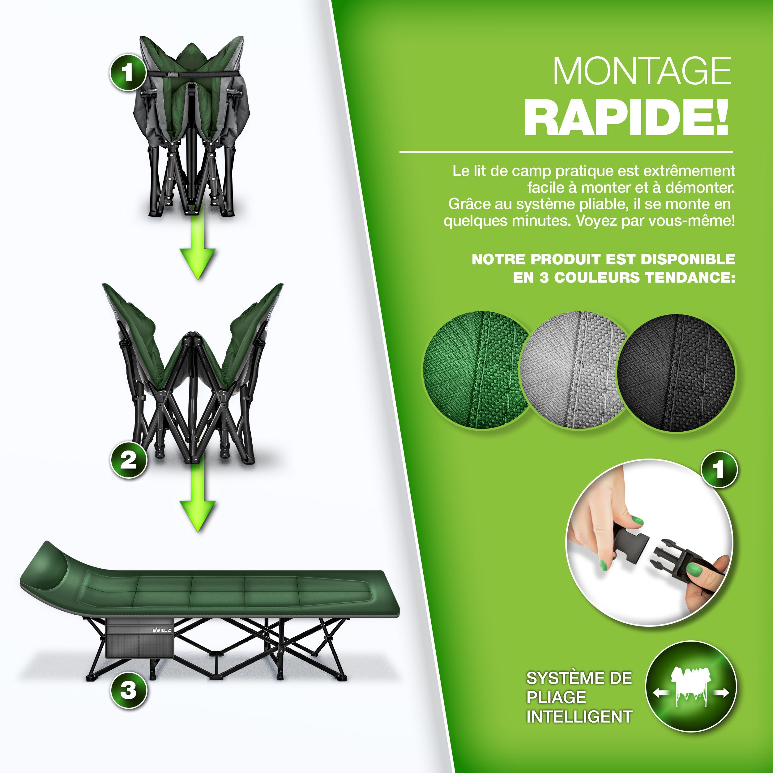 tillvex® Lit de camping pliable avec sac de transport jusqu'à 200 kg | Chaise de camping extra large | Lit de camp pour l'extérieur et l'intérieur | Lit d'invité pliable pour jardin, camping, pêche,