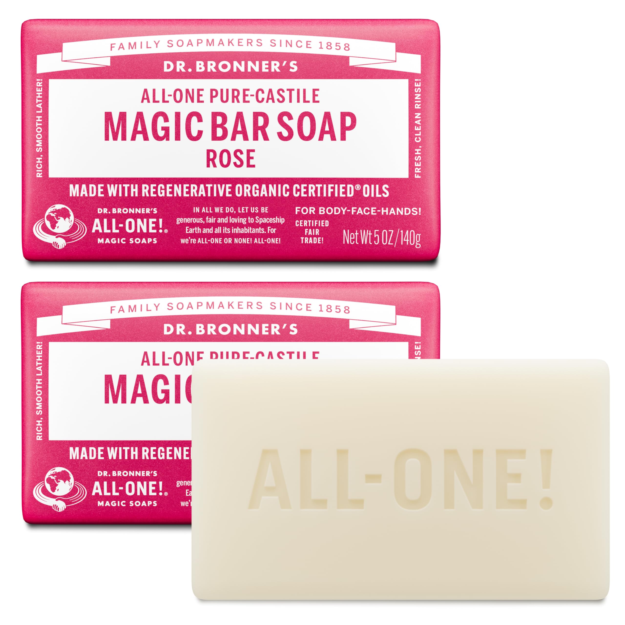 Dr. Bronner's Pure-Castile Magic Bar Soaps - Made with Regenerative Organic Certified Oils - For Face, Body, Hair- Vegan Soap Bars for Men & Women - Rose 2 pack, 5 oz