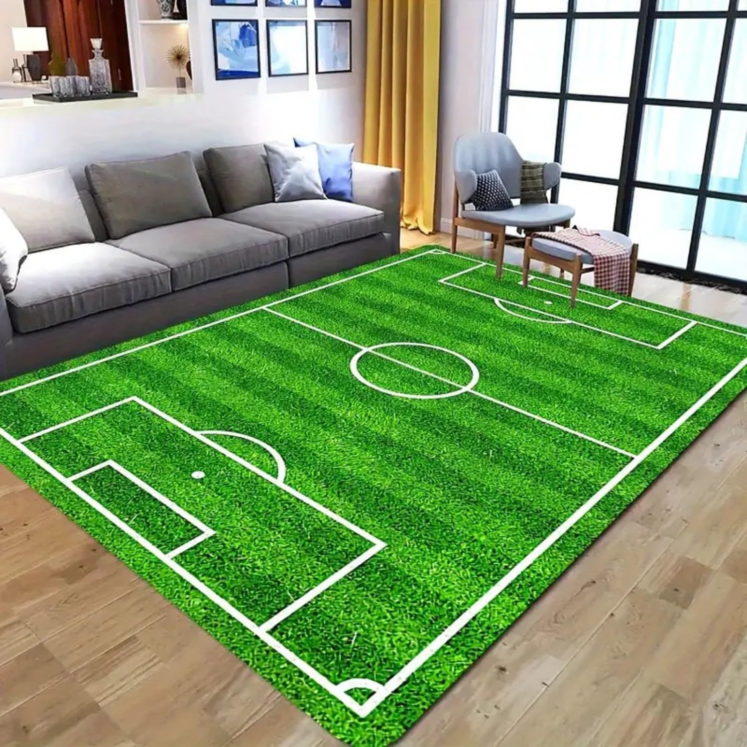 Fußballteppich für Wohnzimmer, 160x230cm Fußballmuster, Teppich Mit Grünem Rasen-Fußballfeld-Motiv, Ideal für Schlafzimmer, Kinderzimmer, Spielzimmer und Mehr Bodenmatte fürs Kinderzimmer