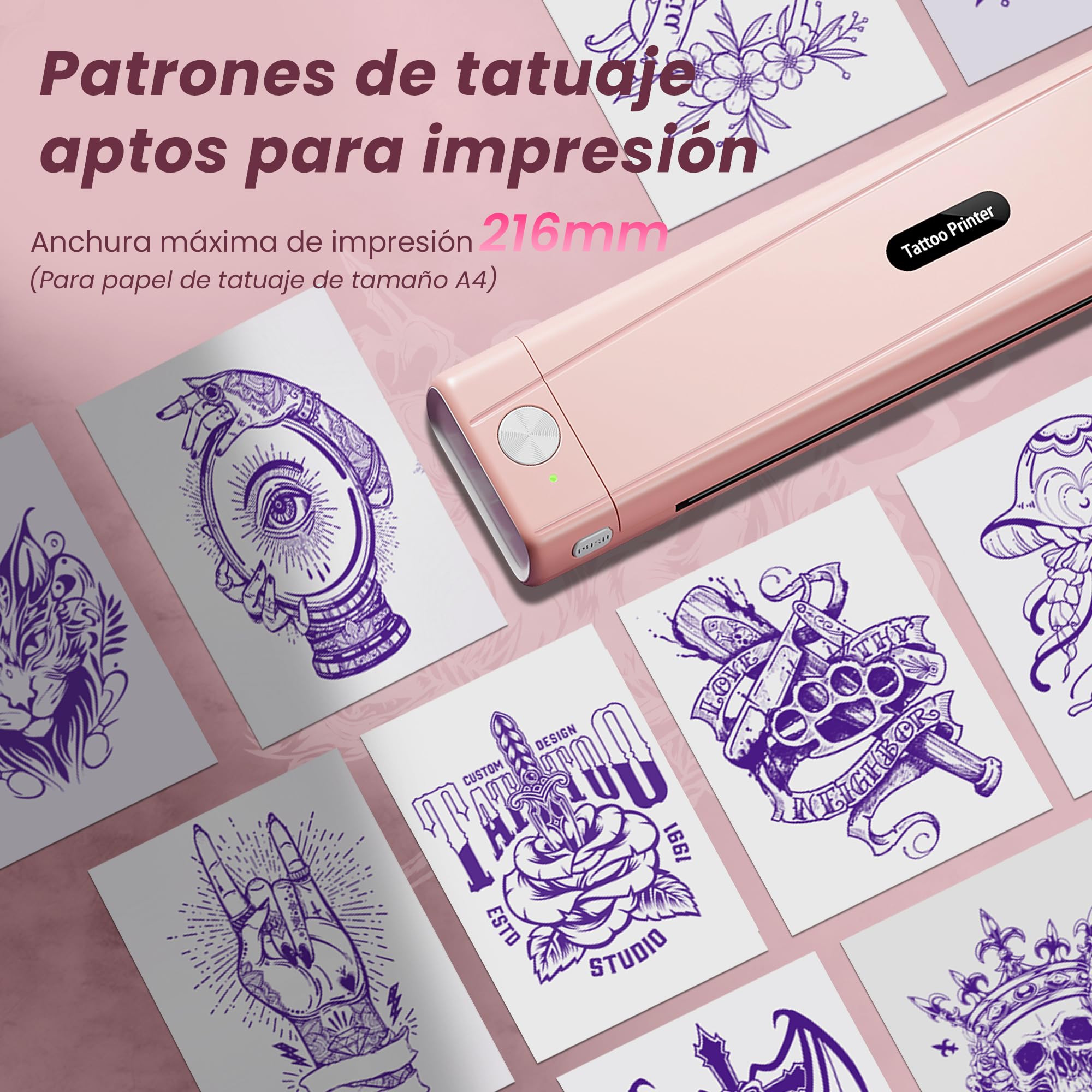 TATTMUSE Impresora de Tatuaje, Termocopiadora Tattoo con 10pcs de Tattoo Transfer Papel, Impresora Termica Tattoo para Principiantes y Artistas del Tatuaje, Rosado