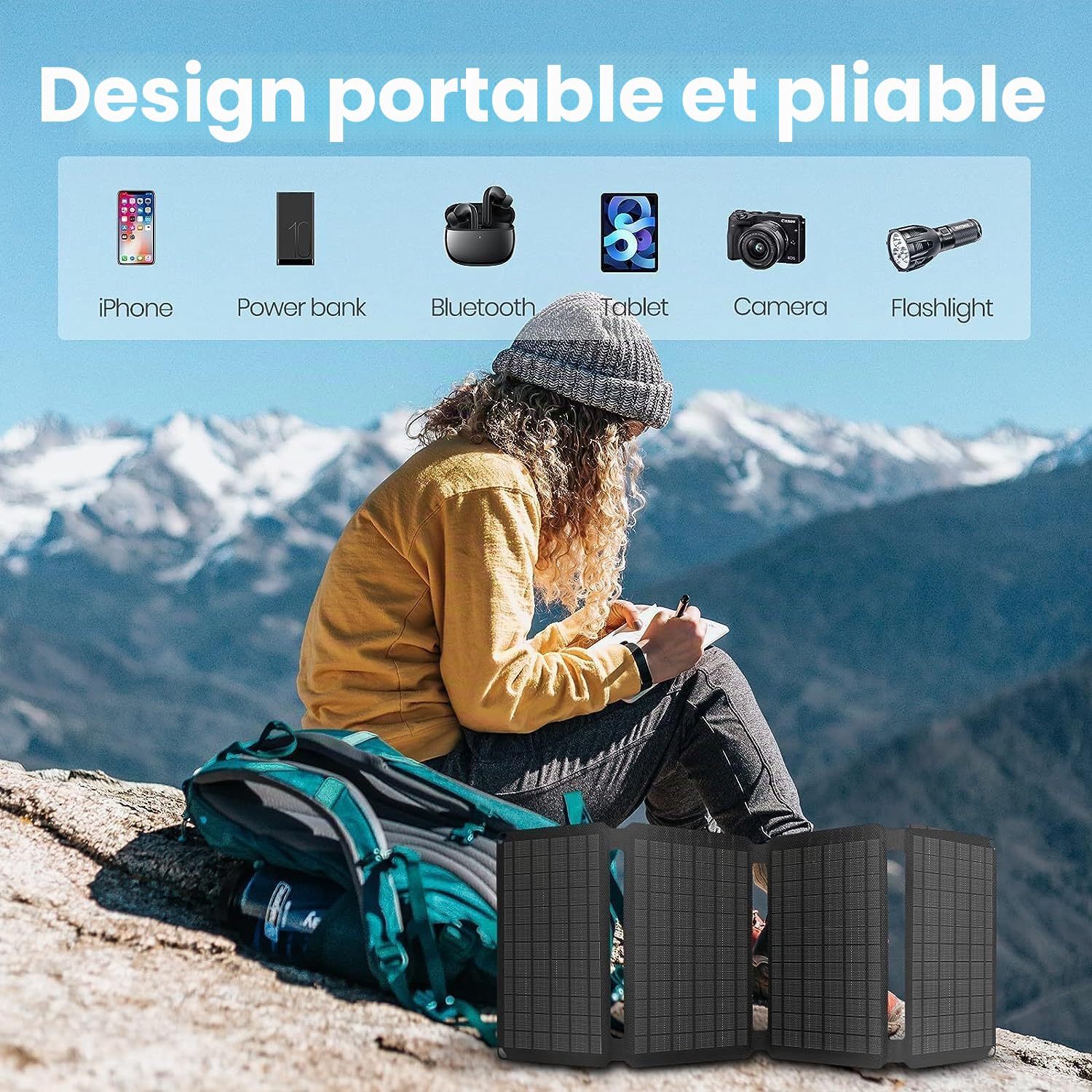 FlexSolar Chargeur de Panneau Solaire Portable 30 W, étanche IP67 Panneau Solaire Pliable avec port USB A/C QC2.0/PD 2.0 Compatible avec Smarthone, Banque d'alimentation pour camping