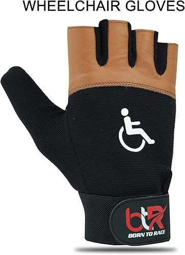 Miniatura 10 de BTR BORN TO RACE Guantes de silla de ruedas para hombres y mujeres  Guantes de entrenamiento  Palma de cuero de pulgar largo sin dedos