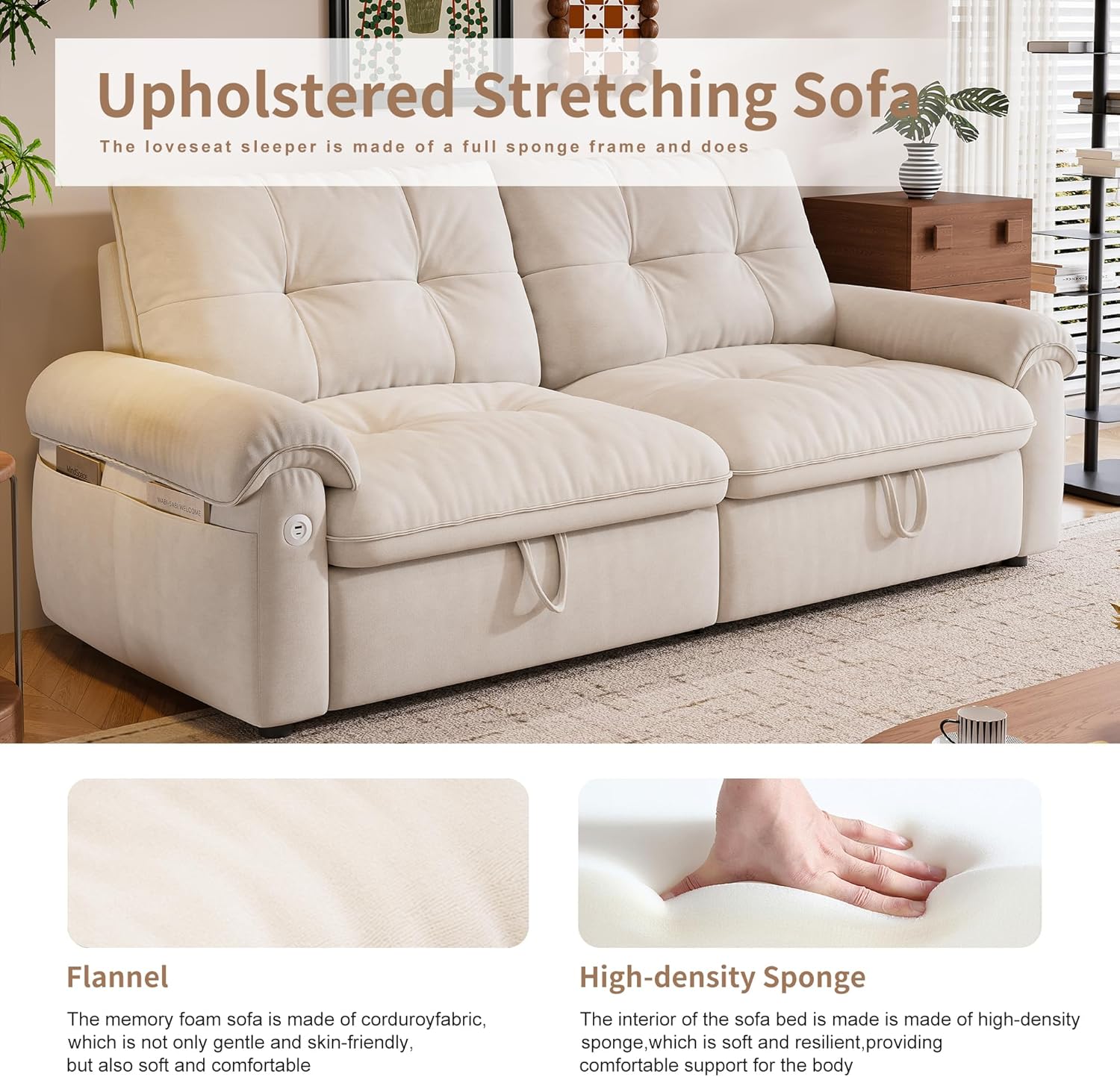 77" Queen Size Sofa Bed, Loveseat Sleeper Sofa with Pull Out Bed, Pockets and USB, Modern 2 Seater Convertible Small Couch for Living Room Bedroom Apartment, Beige