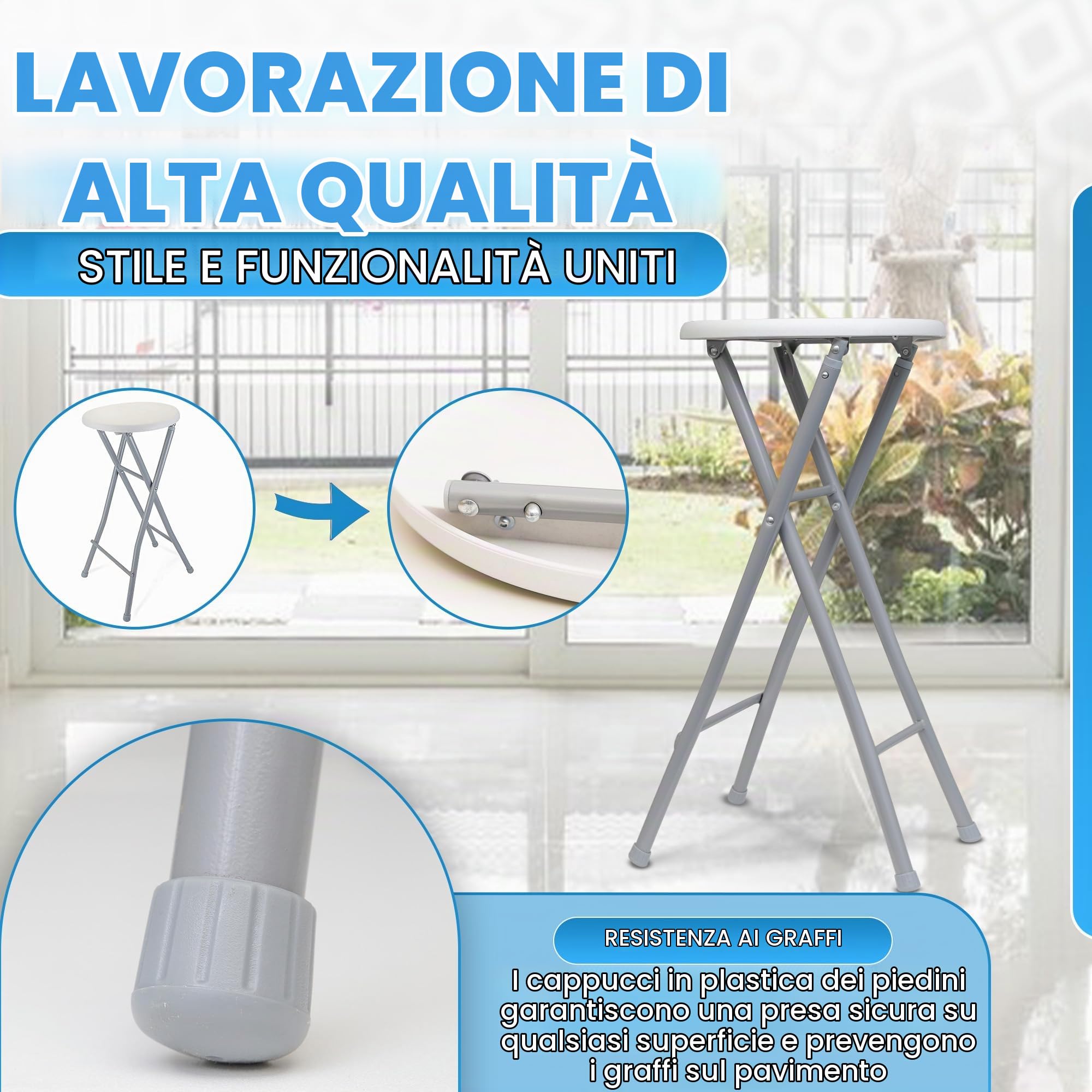 DRULINE Sgabello Bar Pieghevole in Metallo Altezza Seduta 70,5 cm Bianco Grigio - Bianco, 1x