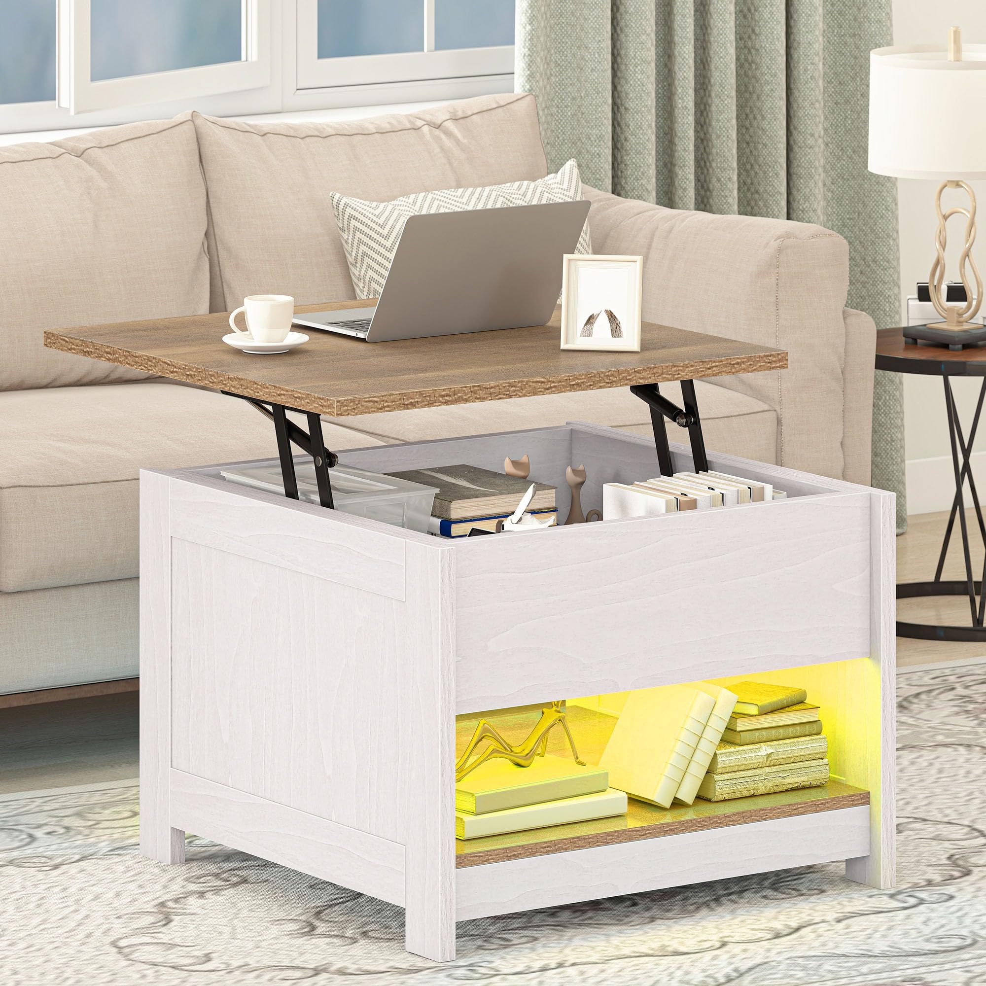 DWVO Mesa de Centro con Tablero Elevable e Iluminación LED, Mesa de Salón Cuadrada Moderna con Compartimento Oculto y Estante Abierto, 60 x 60 x 45 cm