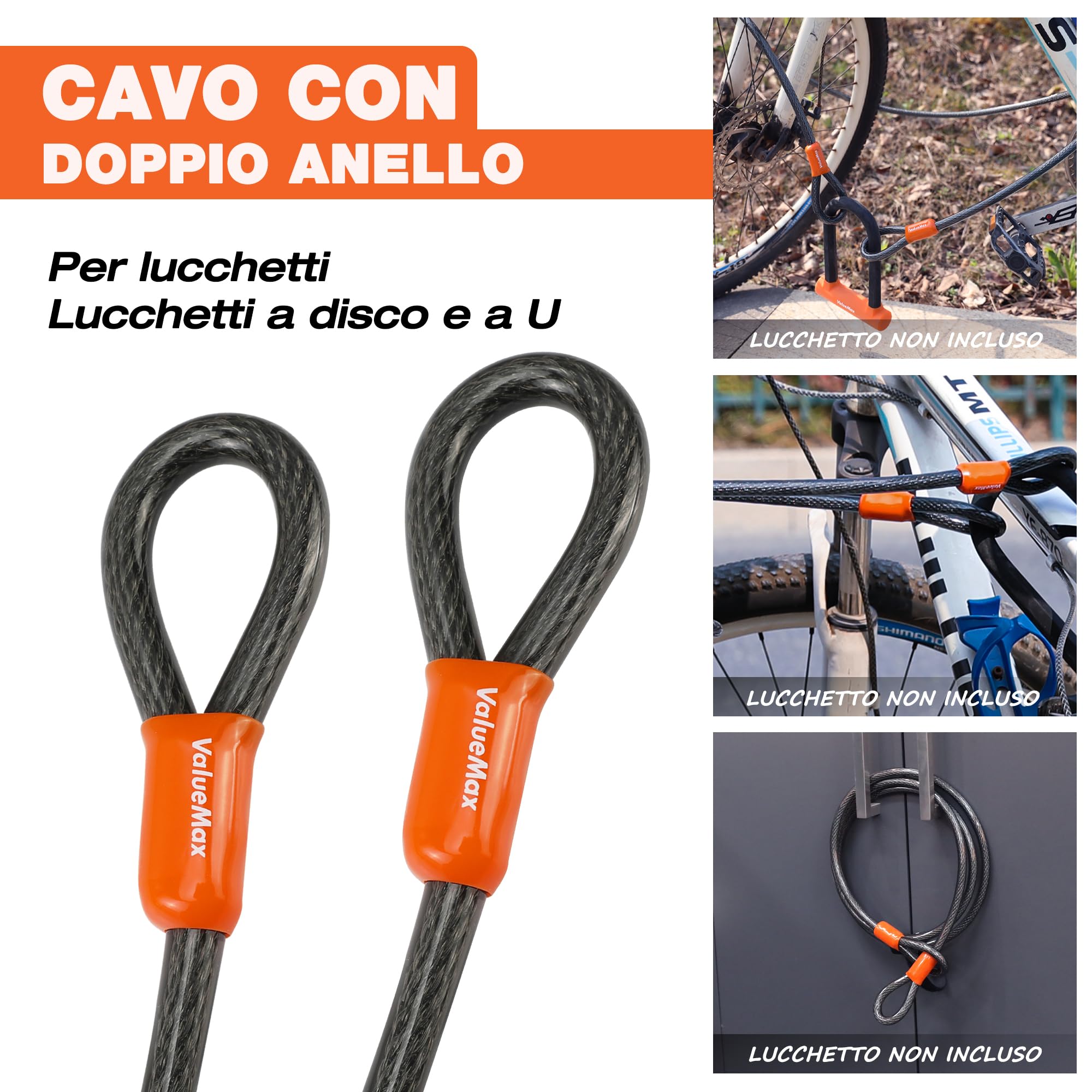 ValueMax Cavo di Sicurezza Bici 213cm x 12mm, Cavo Acciaio Doppio Anello con Rivestimento in PVC, per una Protezione Completa quando Utilizzato con Lucchetto a U