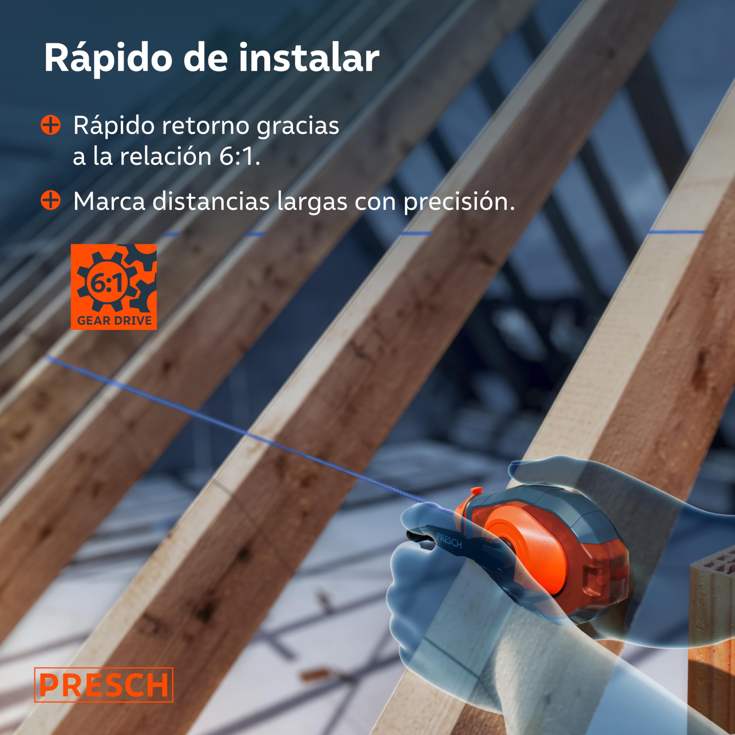 PRESCH Tiralineas de 30m incl. tiza azul (150g) - Rápida retracción gracias al engranaje 6:1 - Fácil de limpiar para marcas temporales - Cordón robusto para líneas precisas