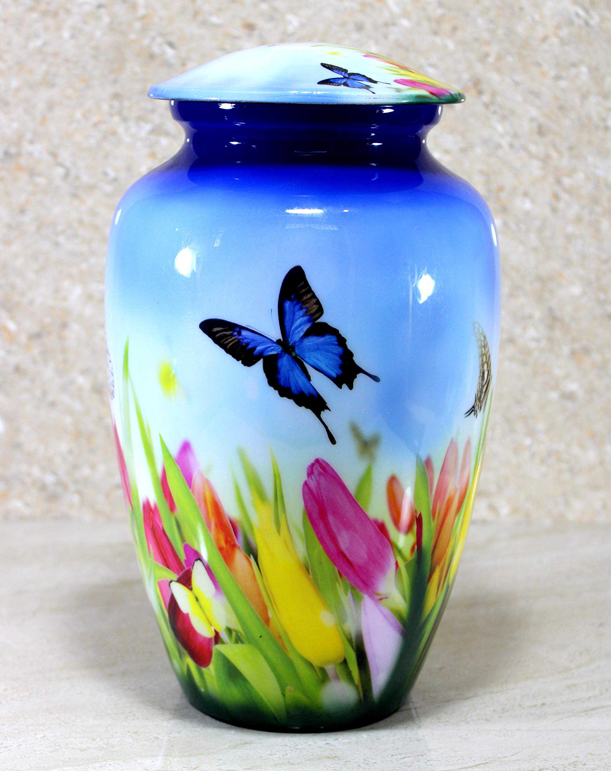 eSplanade Urne funéraire en métal | Urne funéraire taille normale pour cendres funéraires | Imprimé papillon avec fleurs | Bleu – 25,4 cm