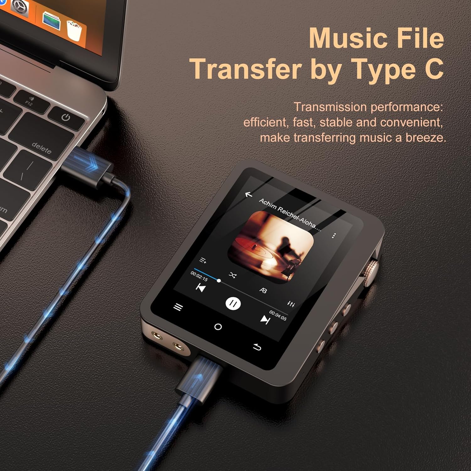 Fanvace MP3 Player connected to a laptop via USB-C cable.