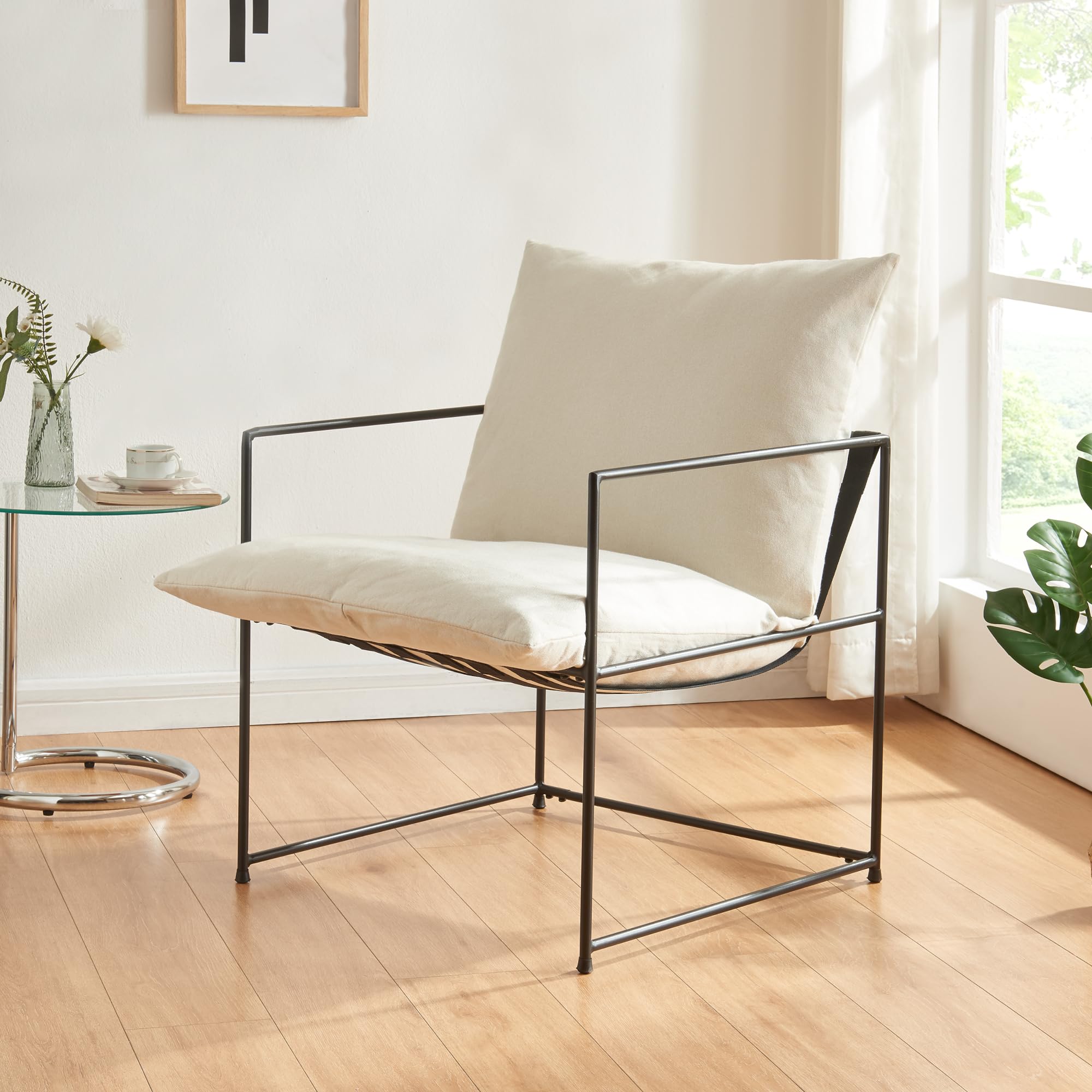 [en.casa] Fauteuil Confortable avec Coussins Rembourrés Housse Amovible et Lavable Siège Stable Design Intemporel pour Salon Chambre Bureau Métal Polyester 90 x 61 x 70 cm Noir Beige