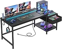 Durayloly 56 Inch Gaming Desk with Drawers, Reversible Shelf, LED Lights, Power Outlets & Hooks - Black Computer Desk for Bedroom, Dorm, Home Office