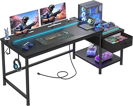 56 Inch Gaming Desk with Drawers and Shelf,Reversible Computer Desk with LED Lights and Power Outlets,Study Table with Hooks for Headphone,Bags,Black Desk Work Desk for Bedroom,Dorm