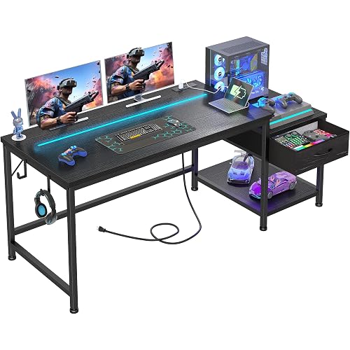 56 Inch Gaming Desk with Printer Shelf and LED Lights,Reversible Computer Desk with Drawers and Power Outlets,Study Table with Hooks for Headphone,Bags,Black Desk Work Desk for Teen Bedroom,Dorm