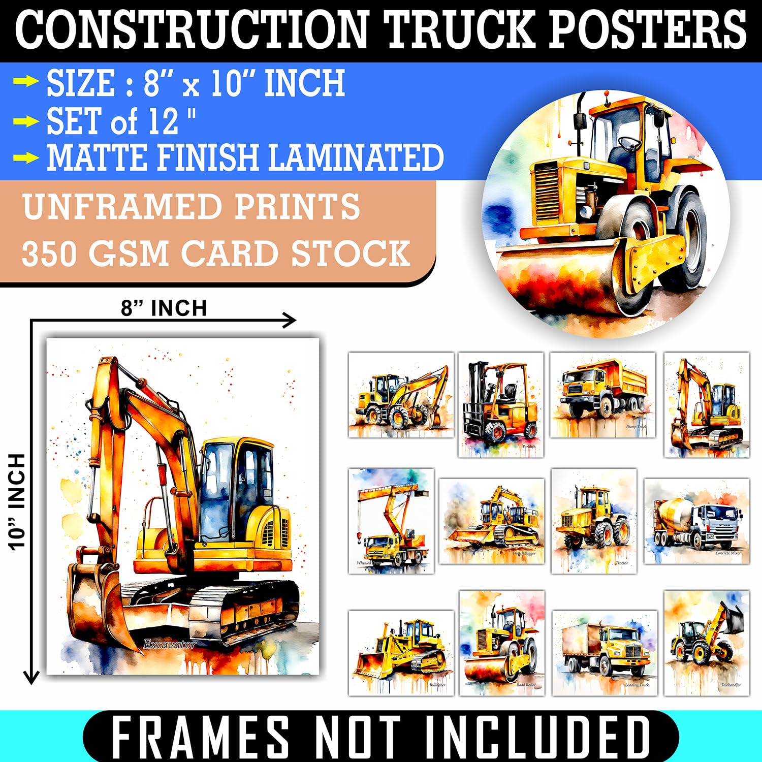 Construction Room Decor for Boys - Dump Truck Tractor Wall Art, Construction Nursery Decor, Tractor Pictures Car Vehicle Prints Transportation Posters for Teen Guys Men Cave - 8x10 UNFRAMED Photos
