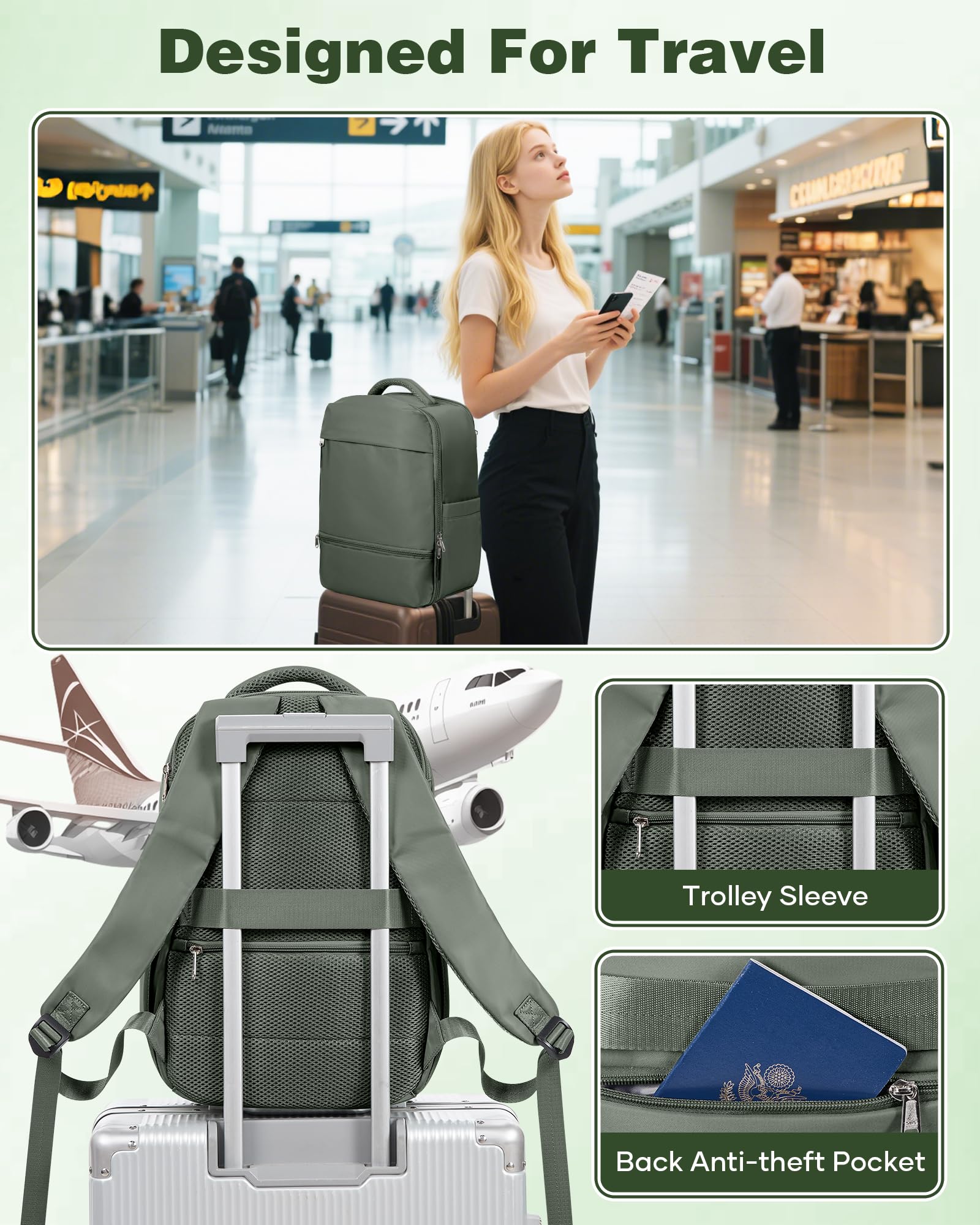SZLX Zaino da viaggio grande da donna da escursionismo sportivo da esterno impermeabile da scuola casual laptop da 14 pollici con porta di ricarica USB scomparto per scarpe