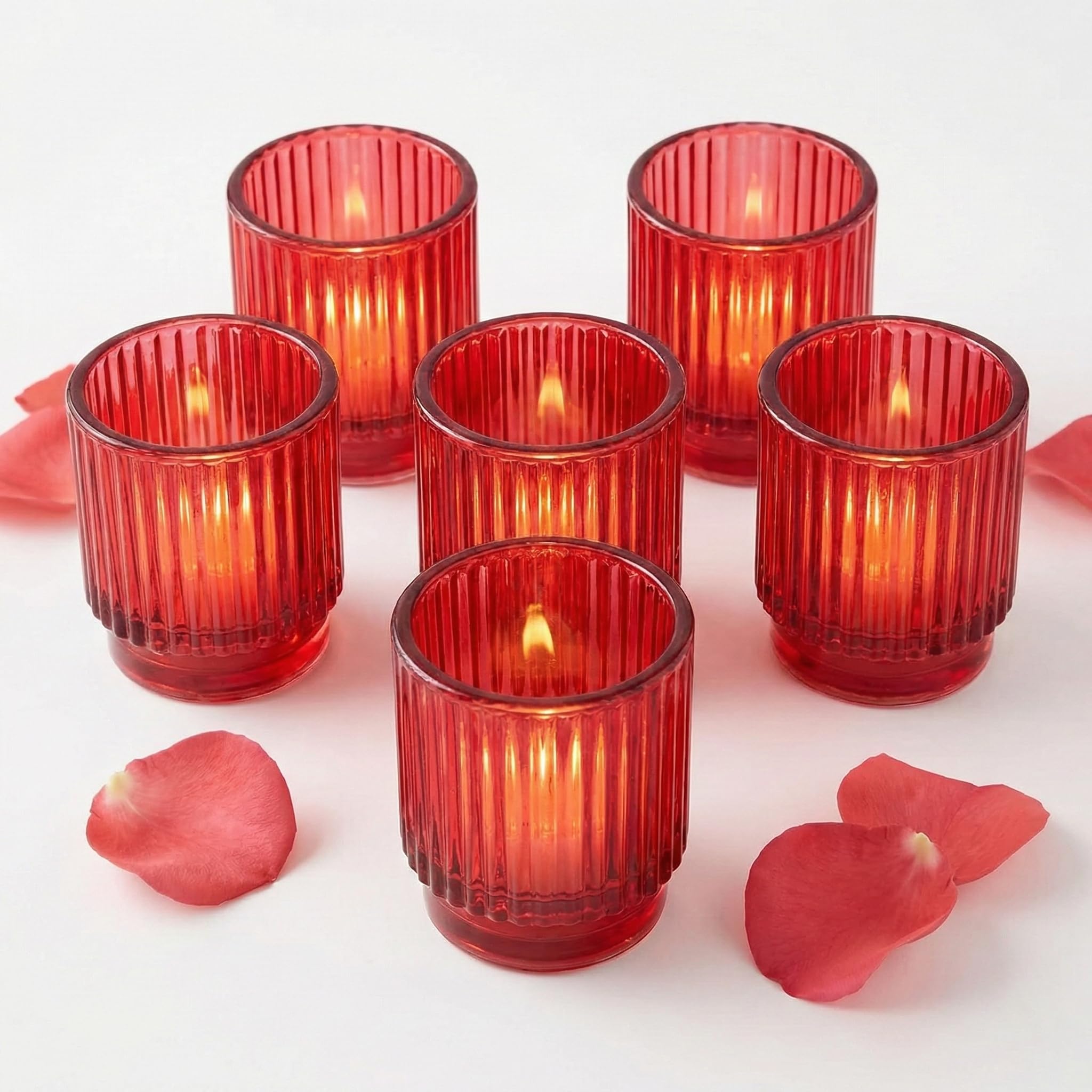 Kate Aspen Vintage Ribbed Red Glass Candle Holders Set of 6 - Votive & Tealight Candle Holder Decor for Holiday Table Decor, Christmas Dining